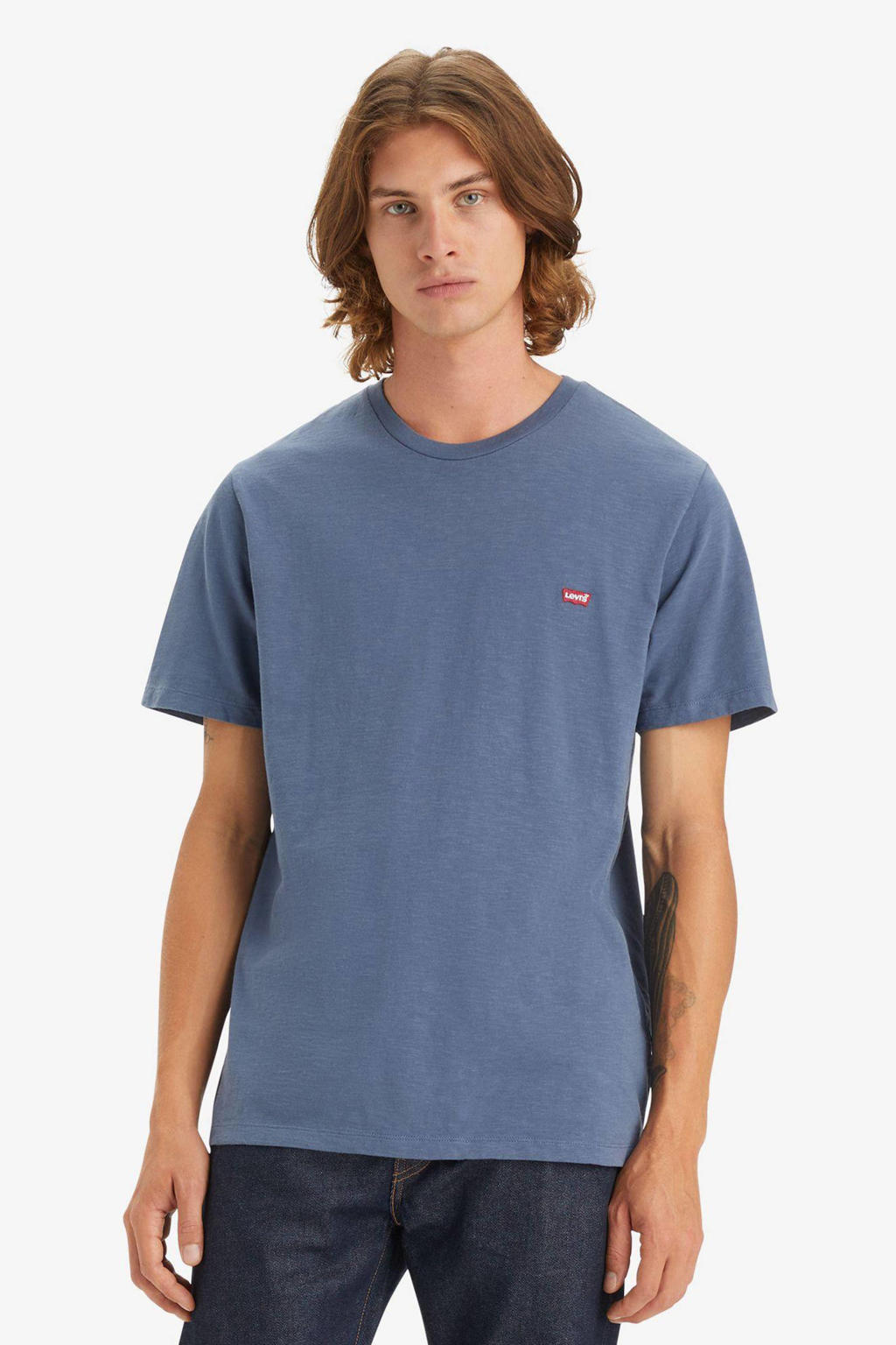 Blauwe heren Levi's T-shirt original housemark van katoen met logo dessin, korte mouwen en ronde hals