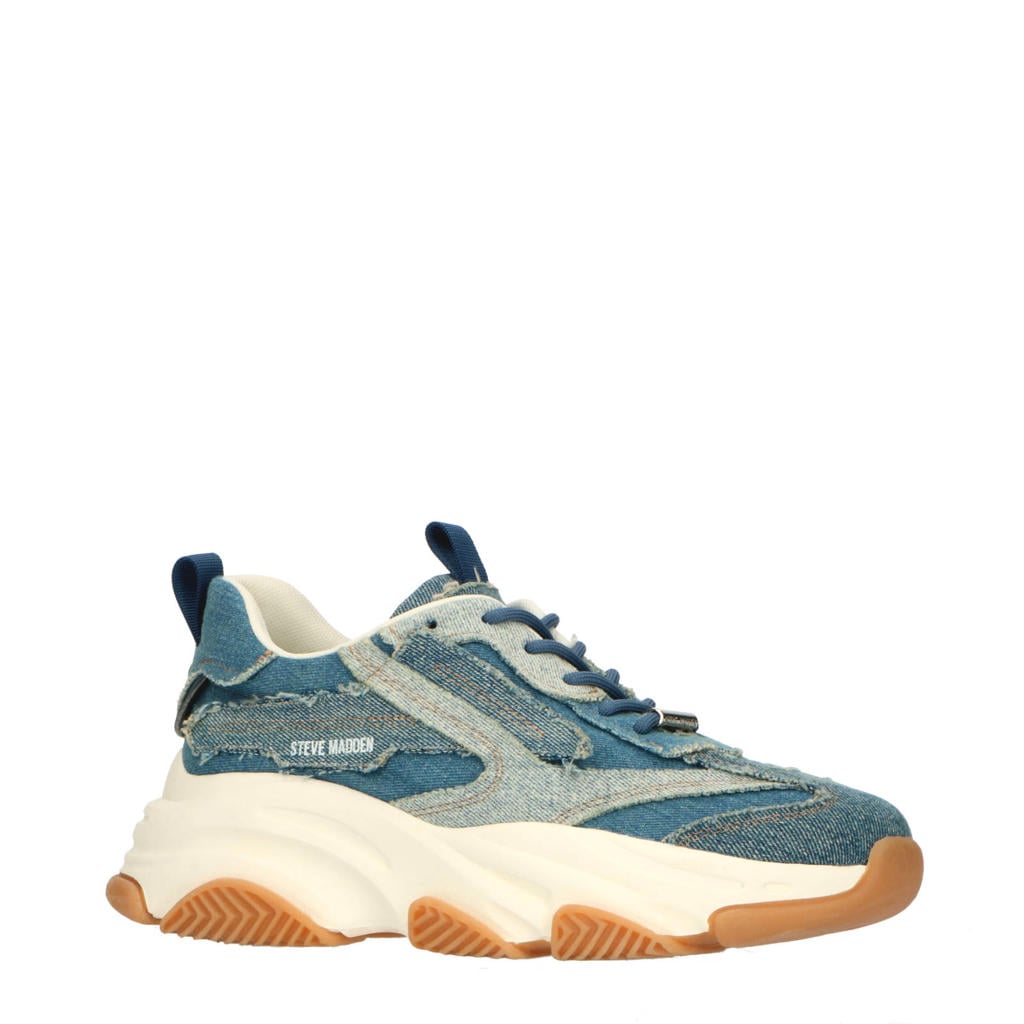 Denim en multikleurige dames Steve Madden Possession-E chunky sneakers van leer en textiel met veters
