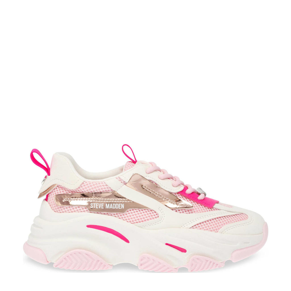 Roze en multikleurige dames Steve Madden Possession-E chunky sneakers van leer en textiel met veters