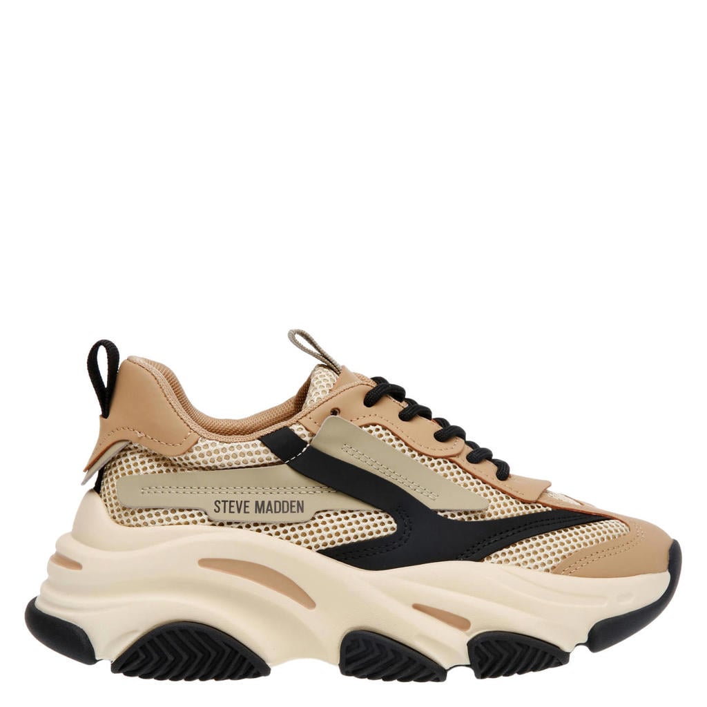 Kaki en zwarte dames Steve Madden Possession-E chunky sneakers van leer en textiel met veters
