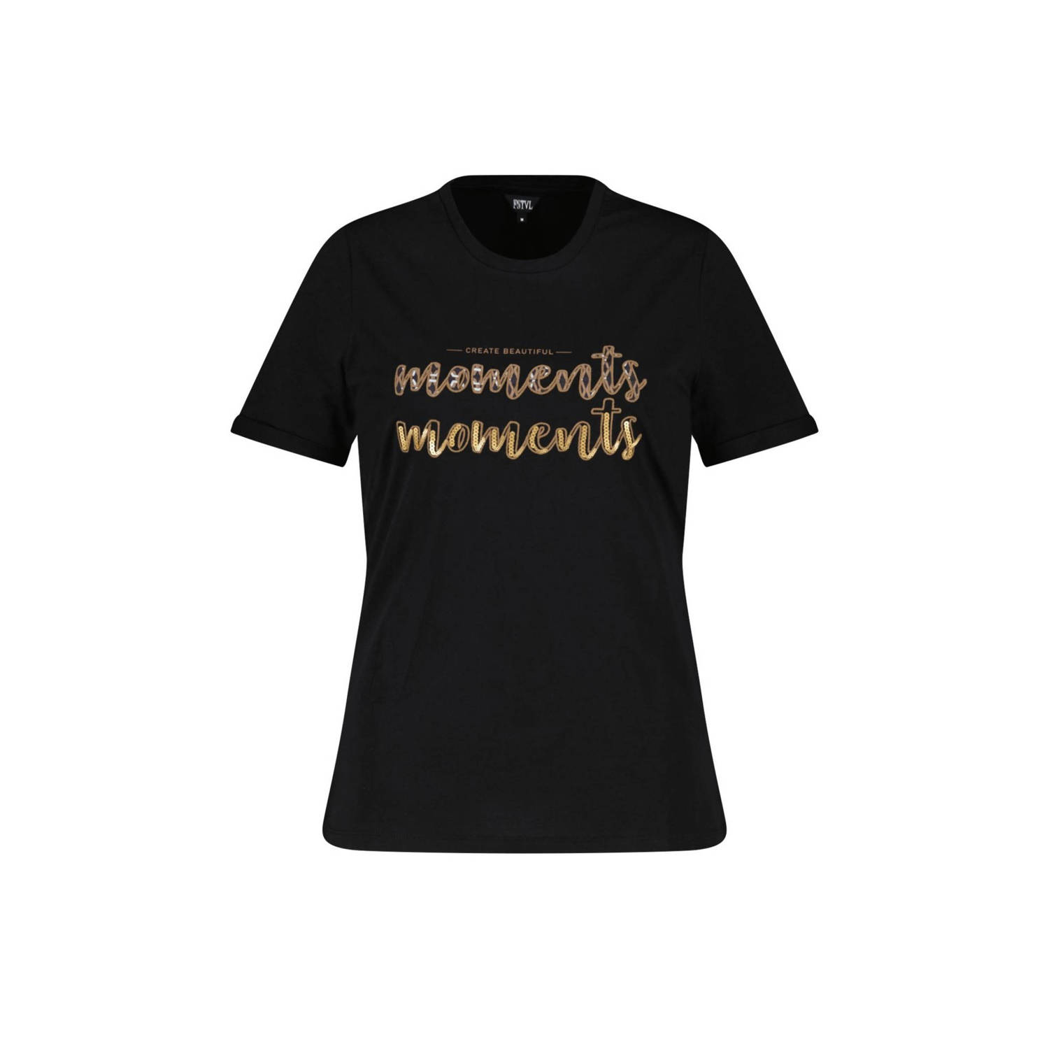 MS Mode T-shirt met tekst zwart goud