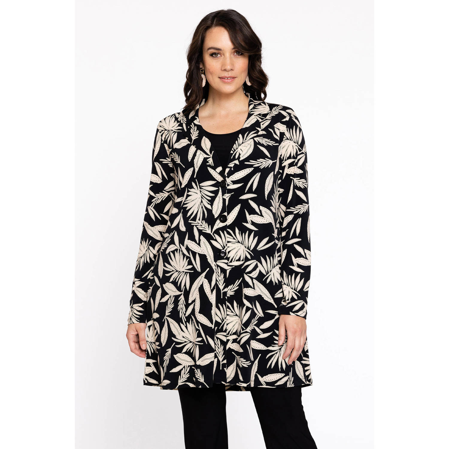 YOEK rechtvallende blazer DOLCE van travelstof met all over print zwart beige