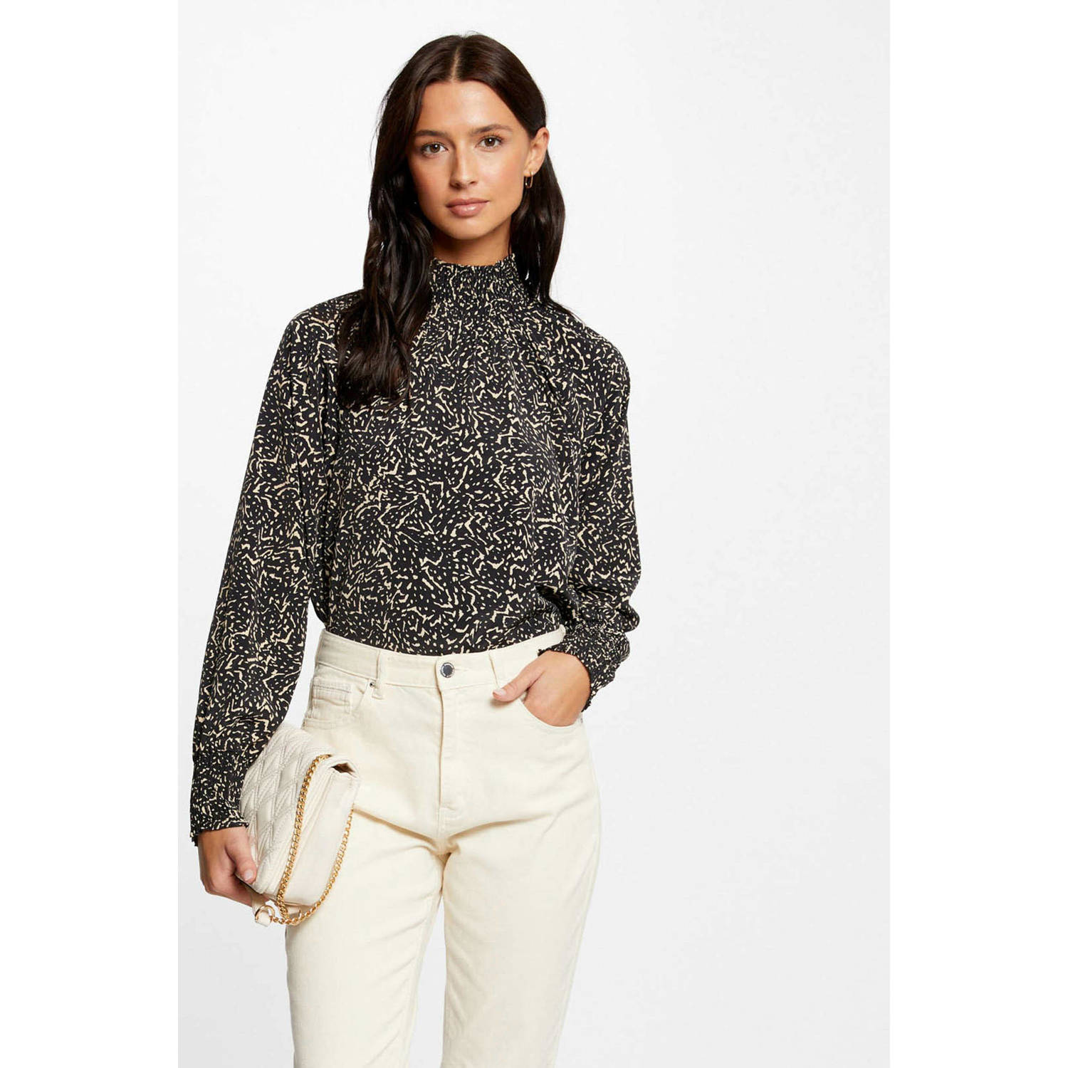 Morgan blousetop met all over print en open detail zwart ecru