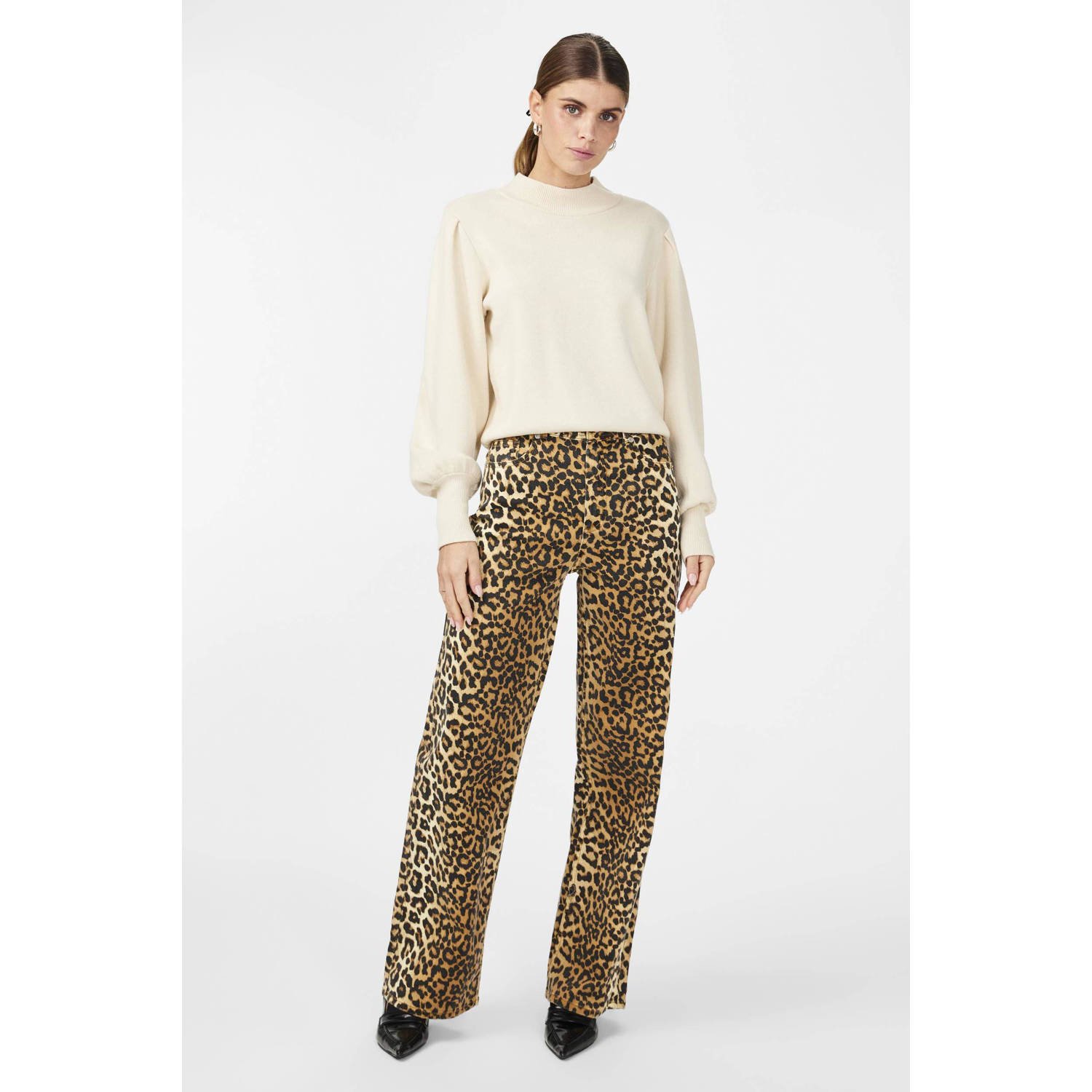 Y.A.S high waist straight leg jeans YASLEONORA met panterprint bruin