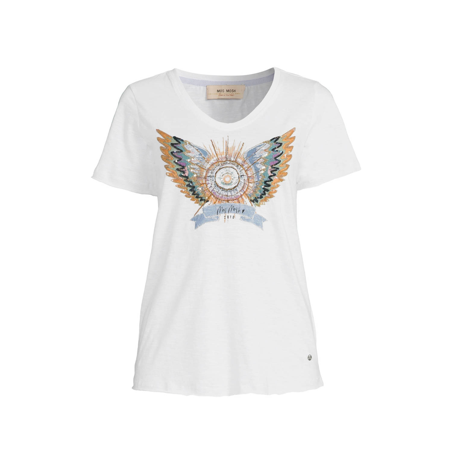 MOS MOSH Grafisch Print T-Shirt met Kralen en Pailletten White Dames