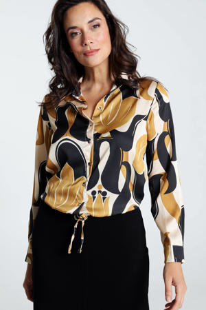 blouse met all over print okergeel/ecru/zwart