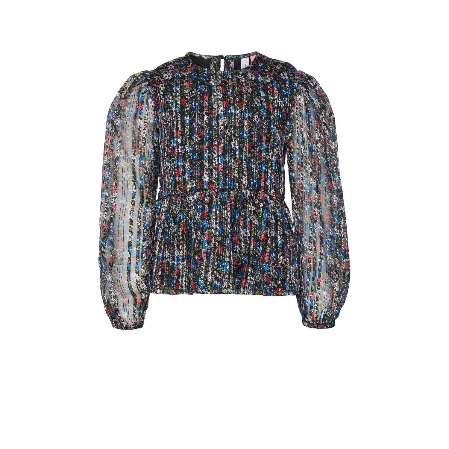 VERO MODA GIRL semi-transparante top VMABBY met all over print donkerblauw multicolor Meisjes Polyester Ronde hals 116