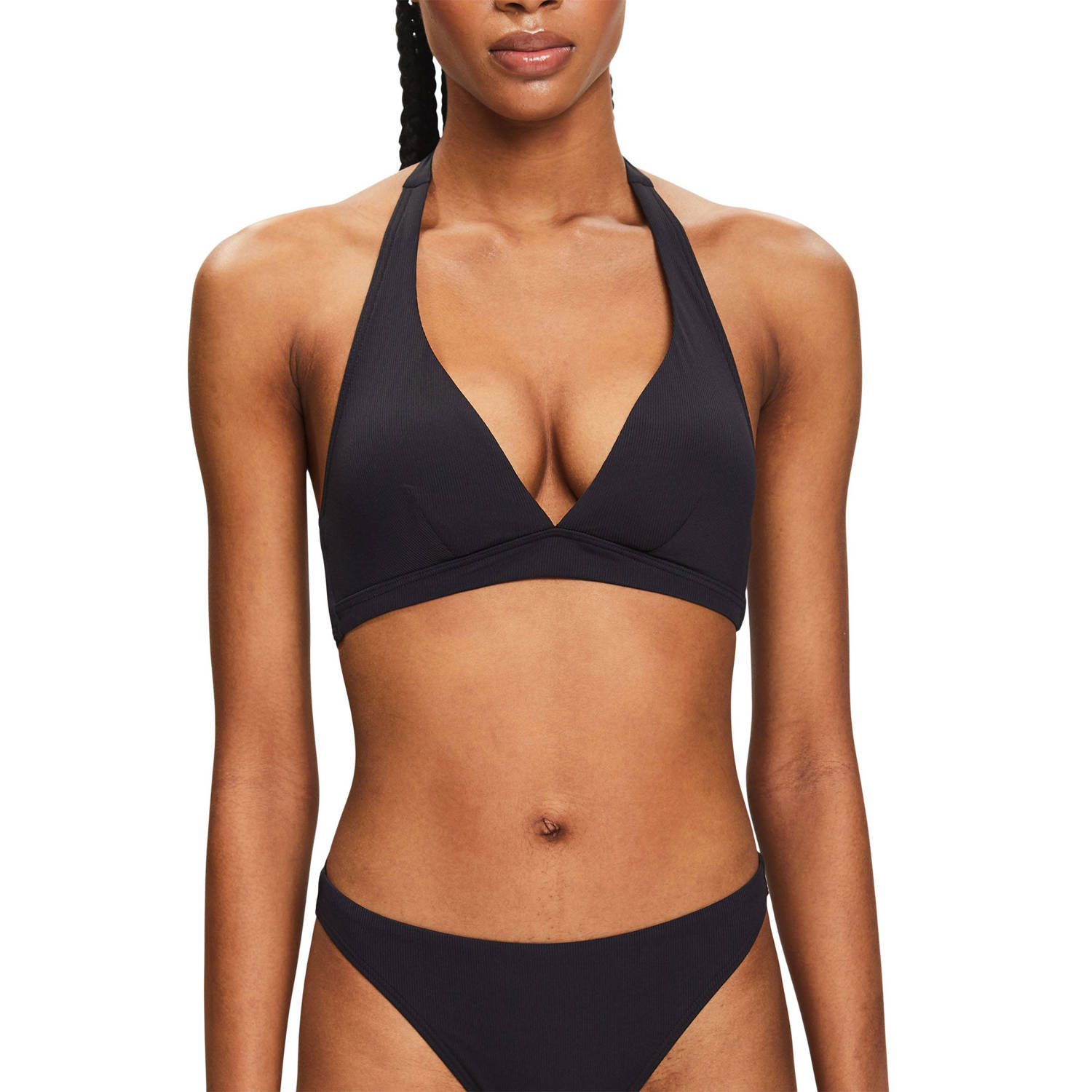 ESPRIT Women Beach voorgevormde halter bikinitop met ribstructuur zwart