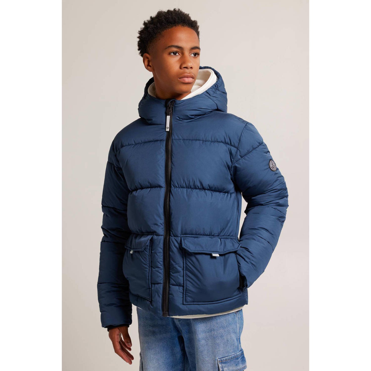 America Today gewatteerde winterjas Jaxon JR middenblauw Jongens Polyester Capuchon 134 140