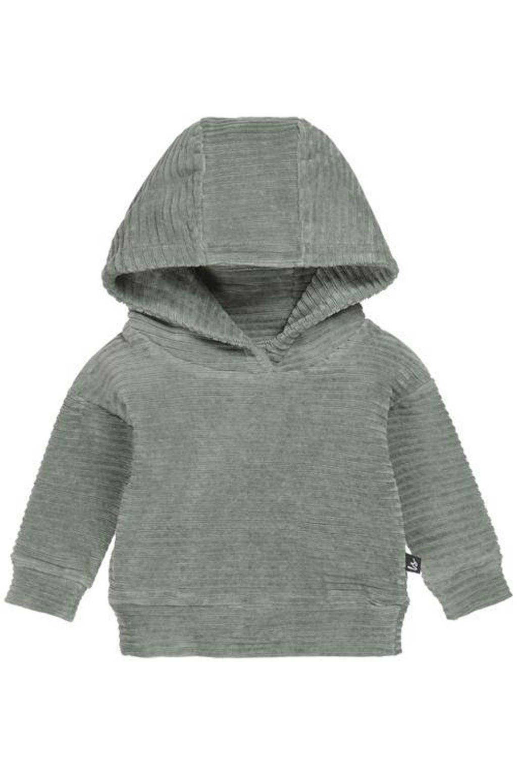 Groene jongens Babystyling baby corduroy hoodie met effen, lange mouwen en ronde hals