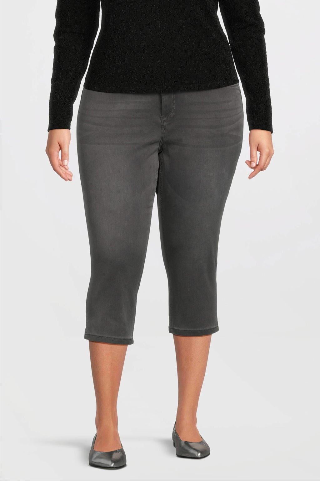 Grijze dames GREAT LOOKS capri jeans van katoen met regular waist, rits- en knoopsluiting en effen