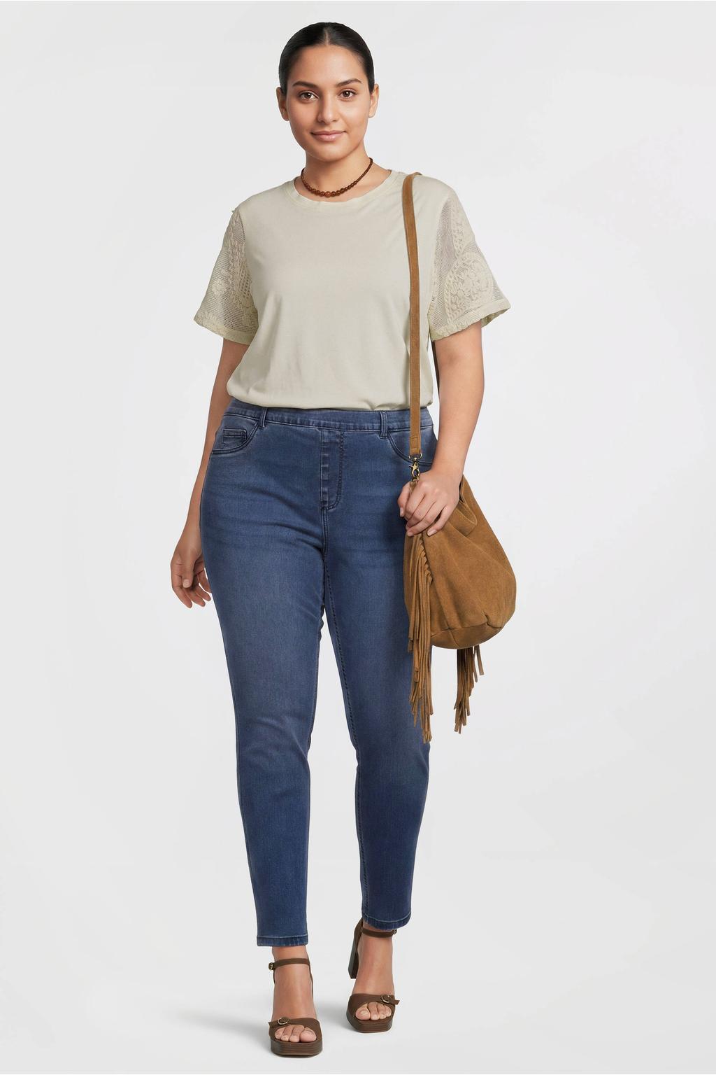 Medium blue denim dames GREAT LOOKS High rise jegging van stretchdenim met effen