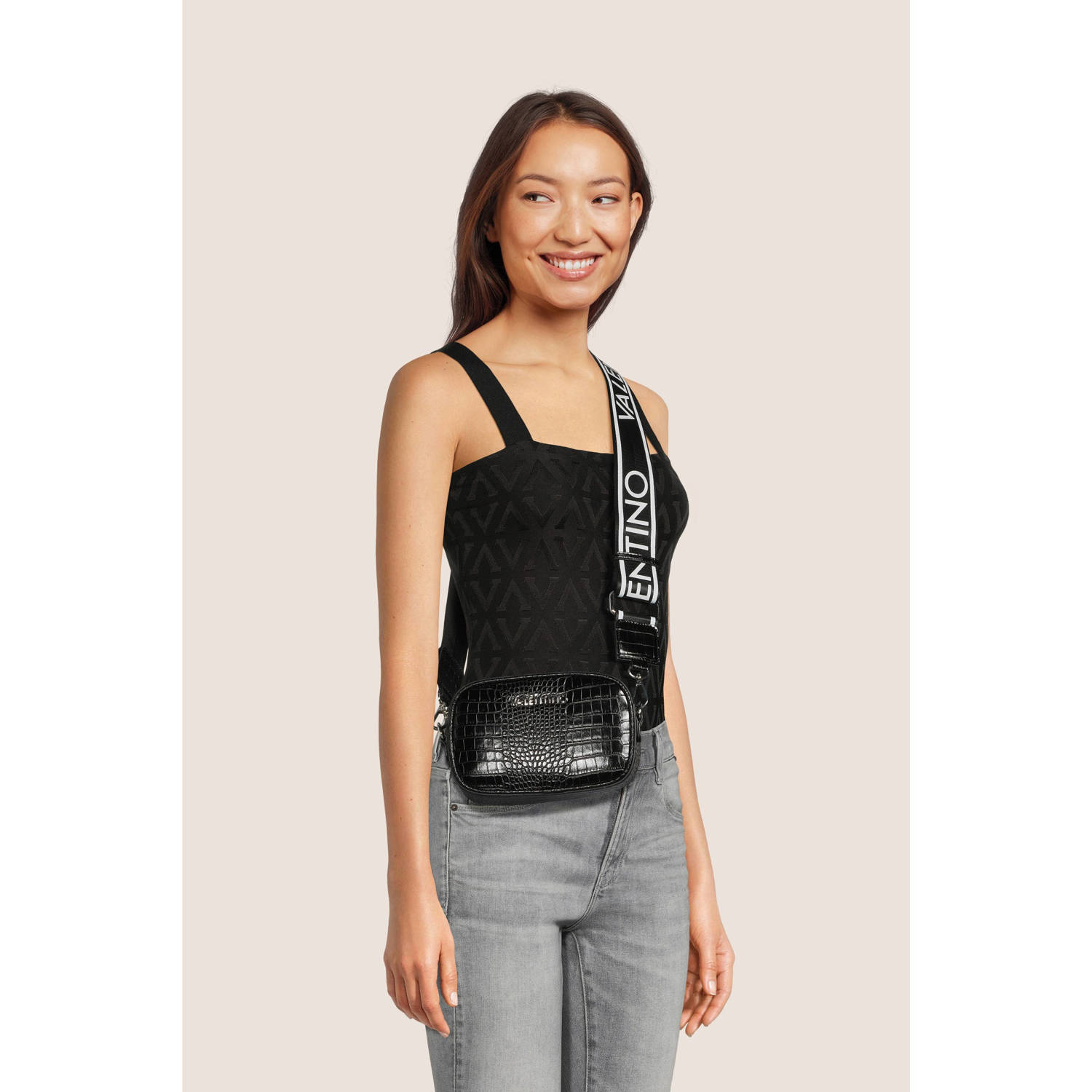 Valentino Bags crossbody tas met crocoprint Miramar zwart