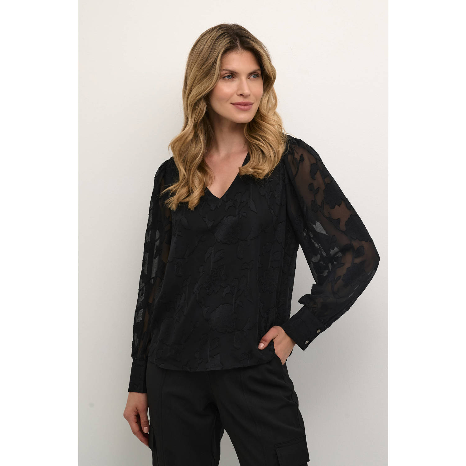 Kaffe Bloemen V-Hals Blouse Black Dames