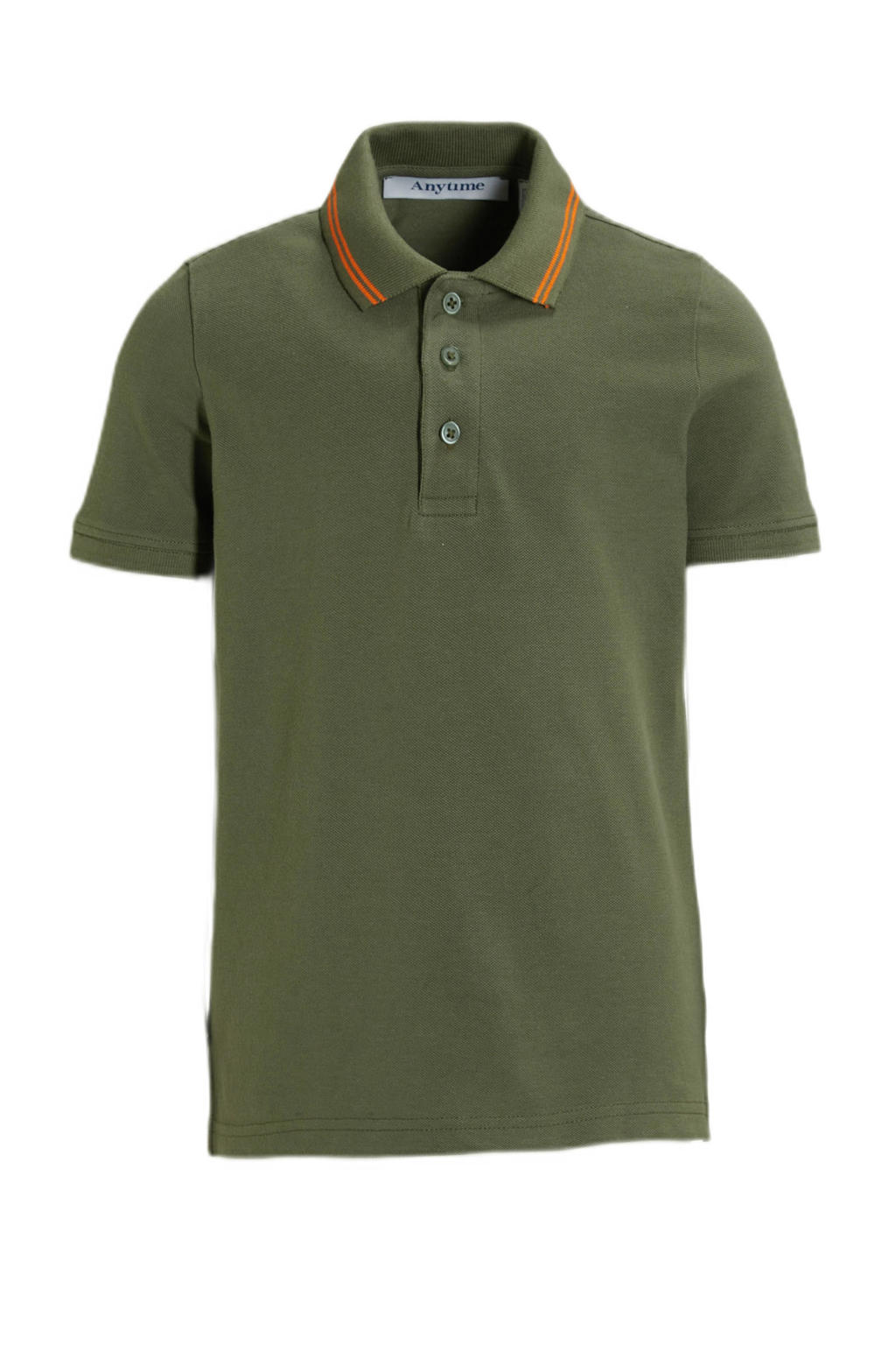 Kaki en oranje jongens anytime piqué polo khaki van katoen met effen, korte mouwen, klassieke kraag en knoopsluiting