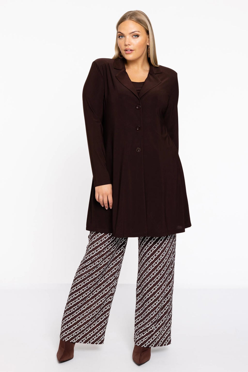 YOEK Plus Size wide leg broek met print - bruin