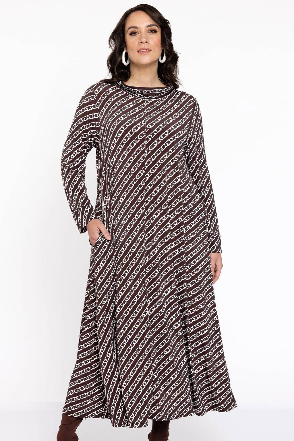 YOEK maxi jurk DOLCE met all over print bruin/ wit
