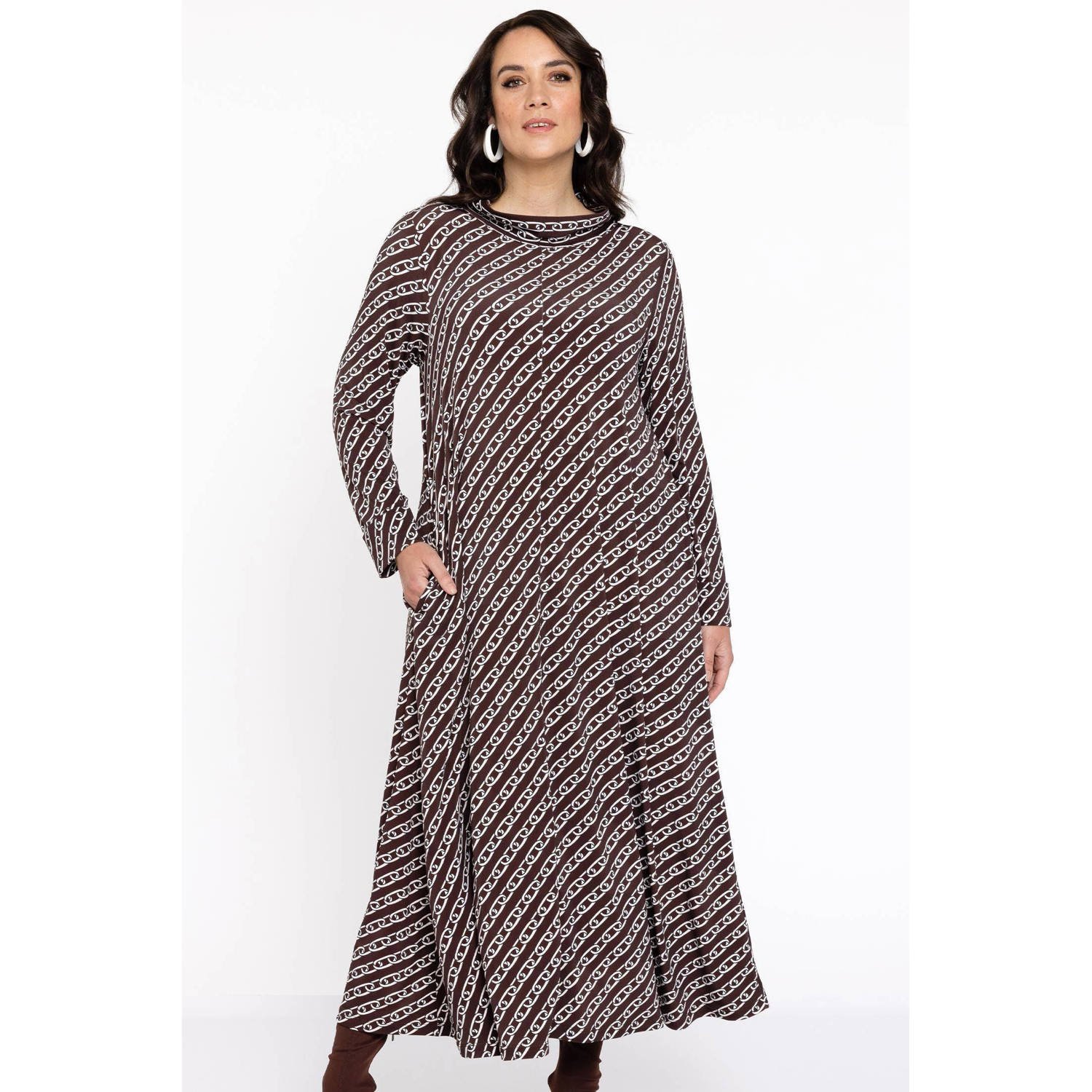 YOEK maxi jurk DOLCE met all over print bruin wit