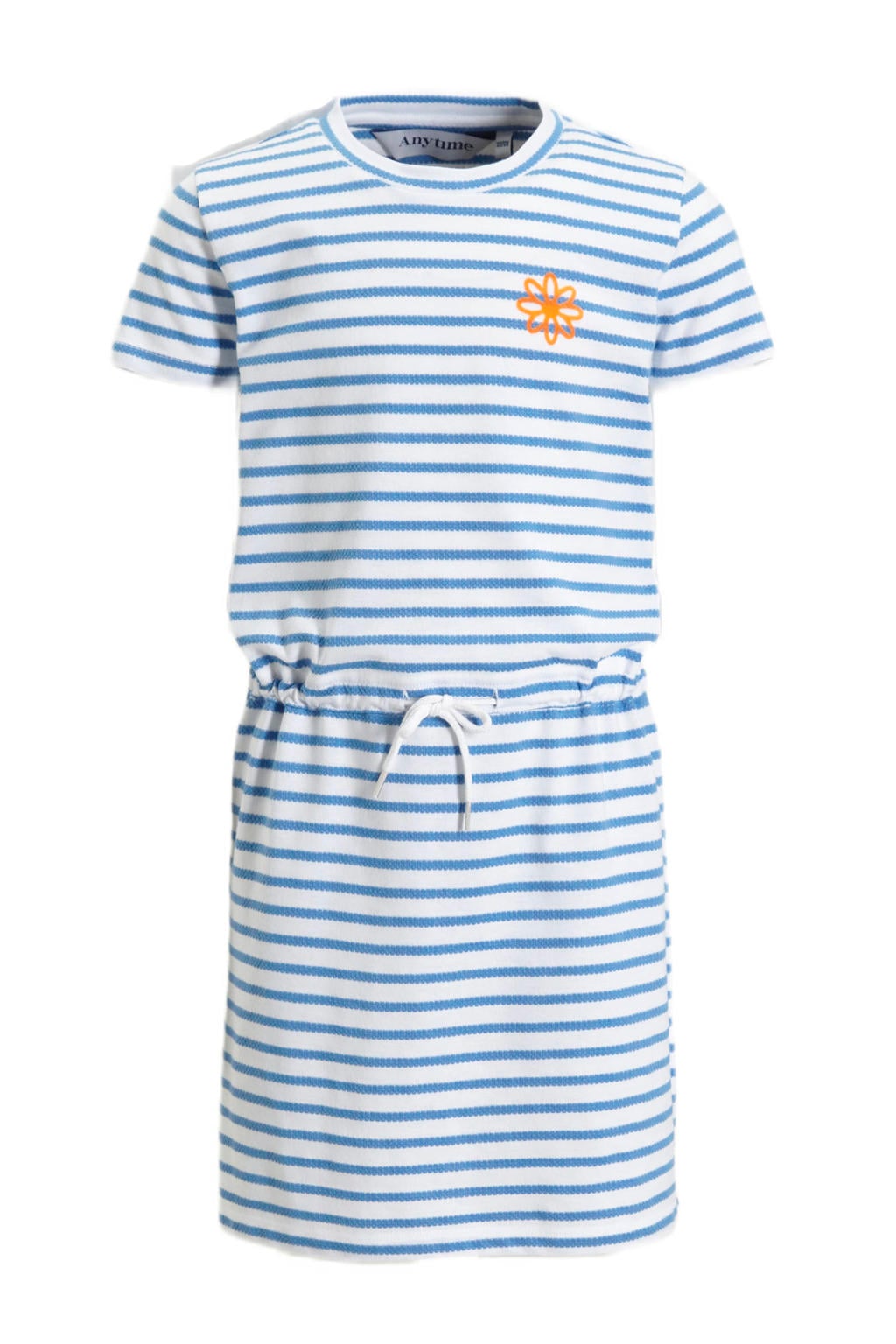 Blauw en witte meisjes Anytime gestreepte jurk van katoen met korte mouwen, ronde hals en elastische tailleband met koord