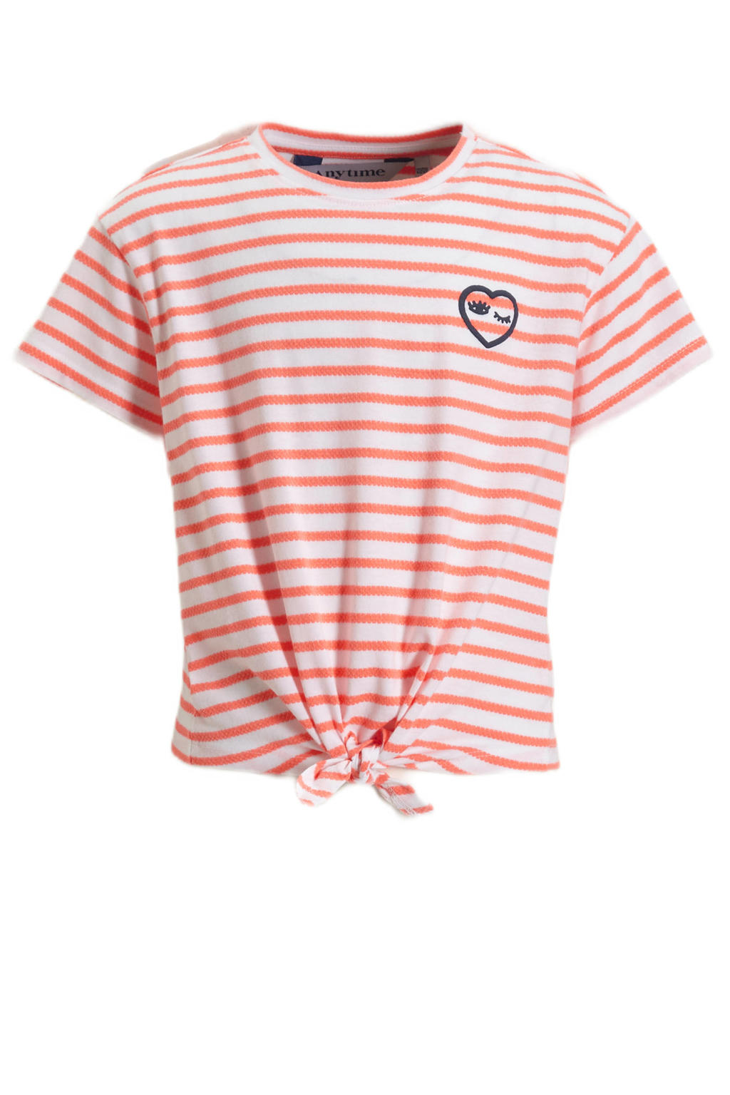 Oranje en witte meisjes Anytime T-shirt koraal van katoen met strepenprint, korte mouwen en ronde hals