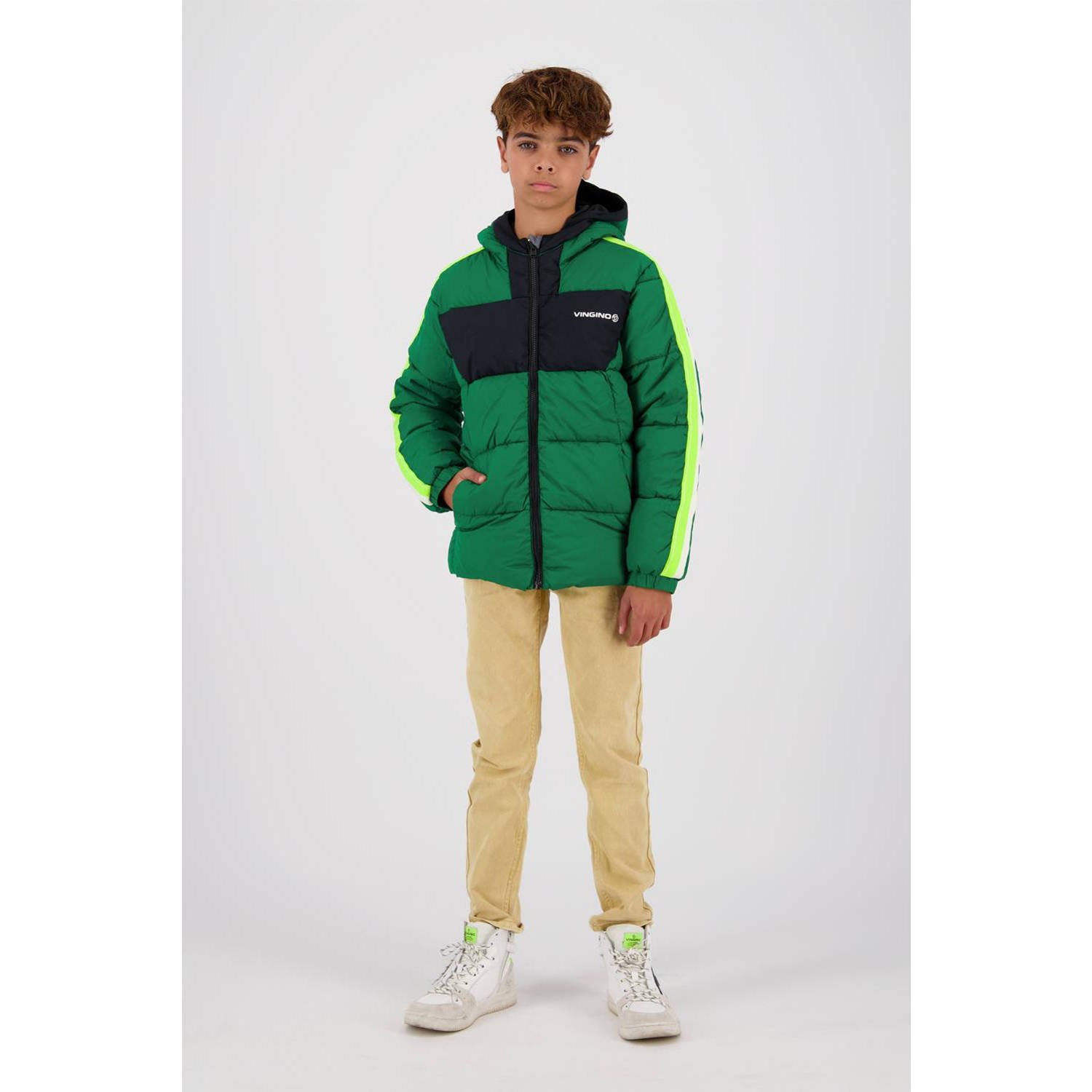 VINGINO gewatteerde winterjas Tiggo met contrastbies groen neon groen zwart Jongens Nylon Capuchon 104