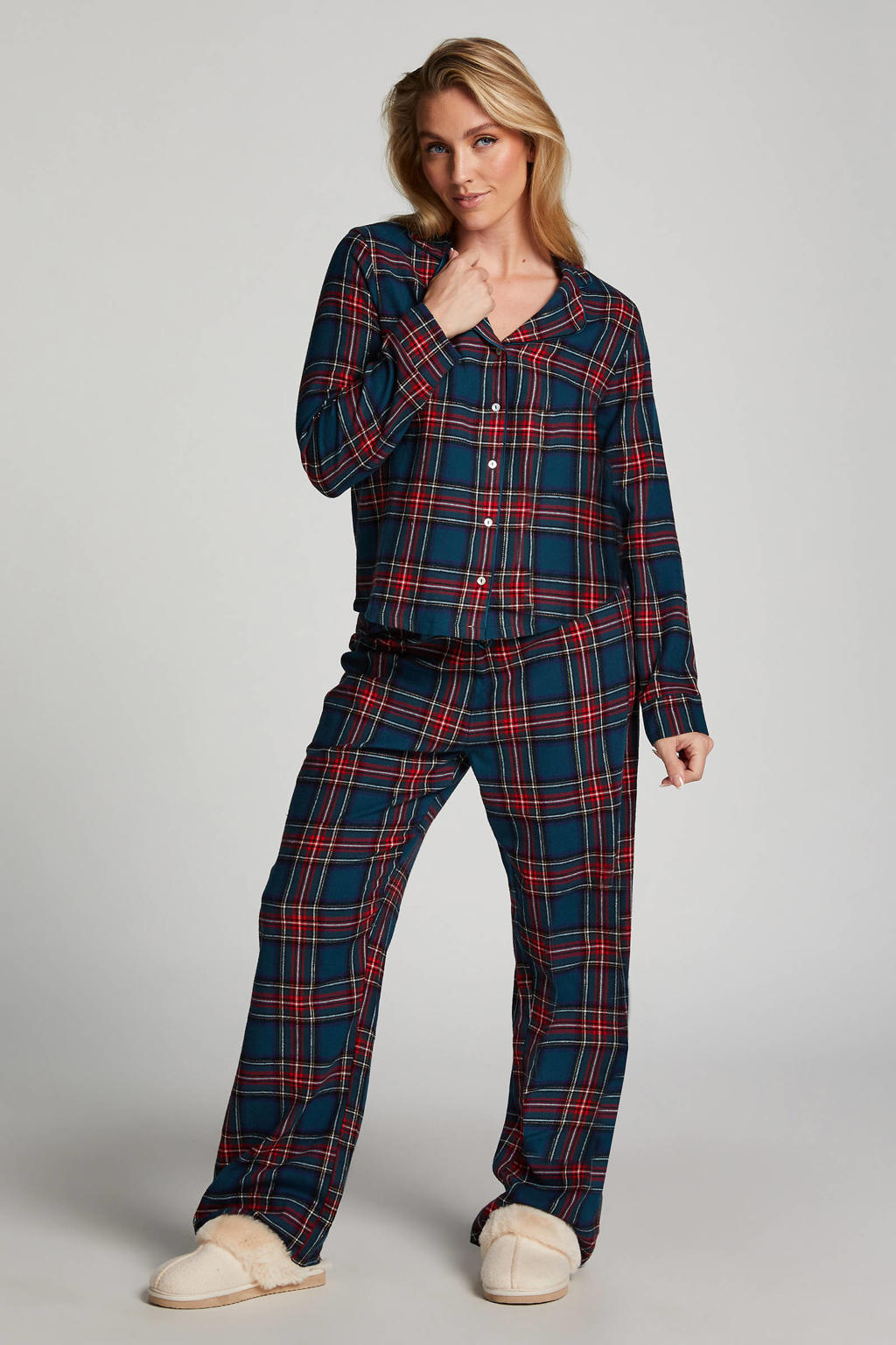 Hunkemöller flanellen pyjama donkerblauw/rood
