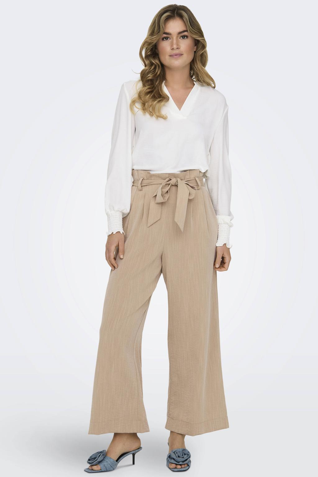Witte dames ONLY blousetop van polyester met effen, lange mouwen, V-hals en smockwerk