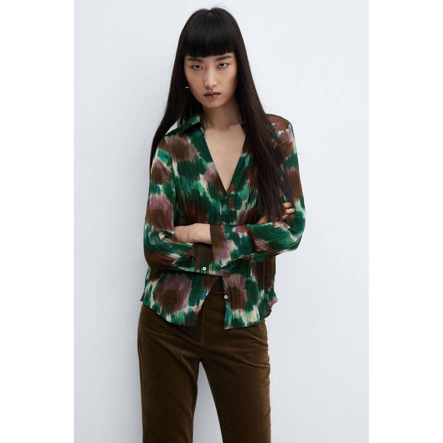 Mango blouse met all over print en textuur groen bruin ecru