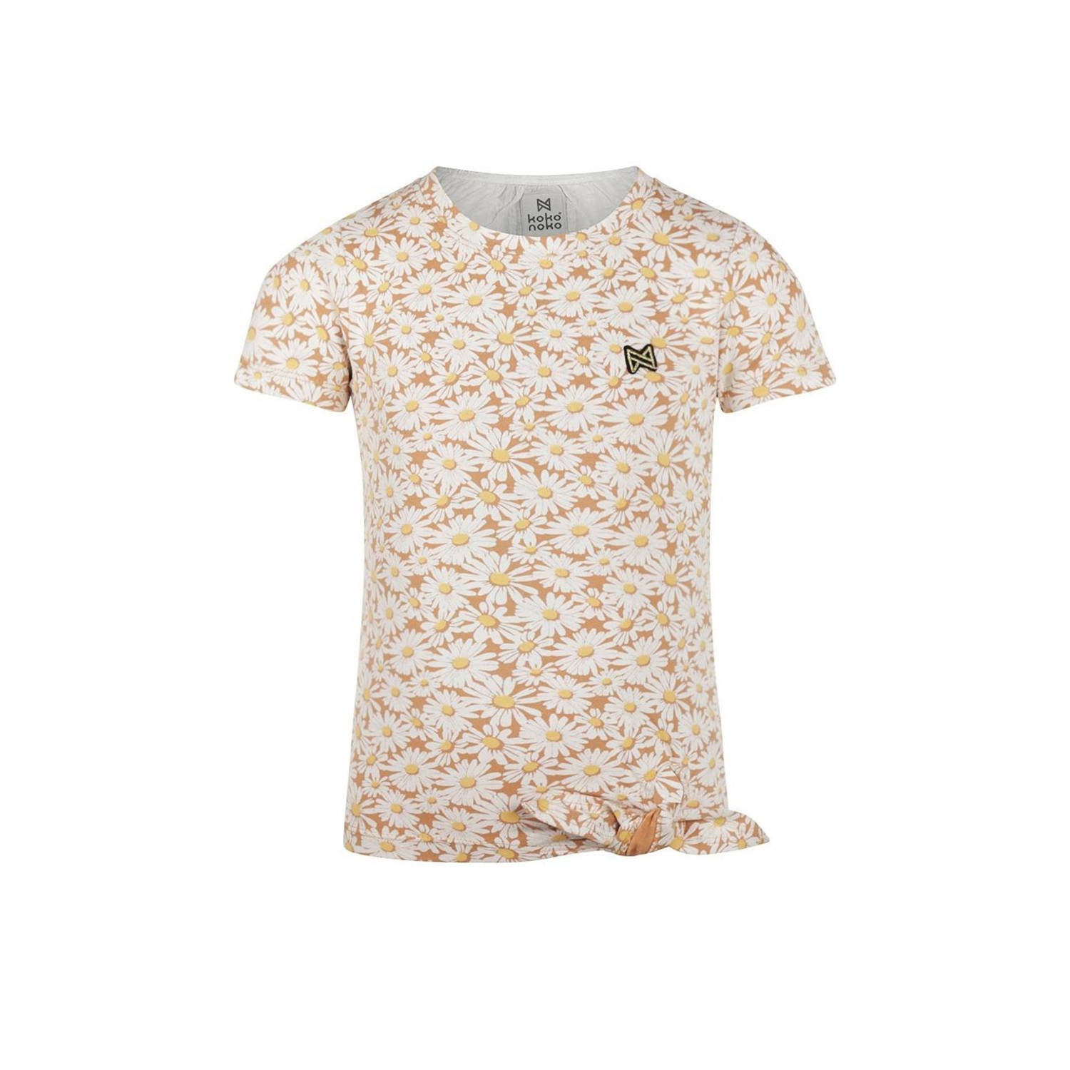 Koko Noko T-shirt met all over print bruin Meisjes Katoen Ronde hals All over print 104