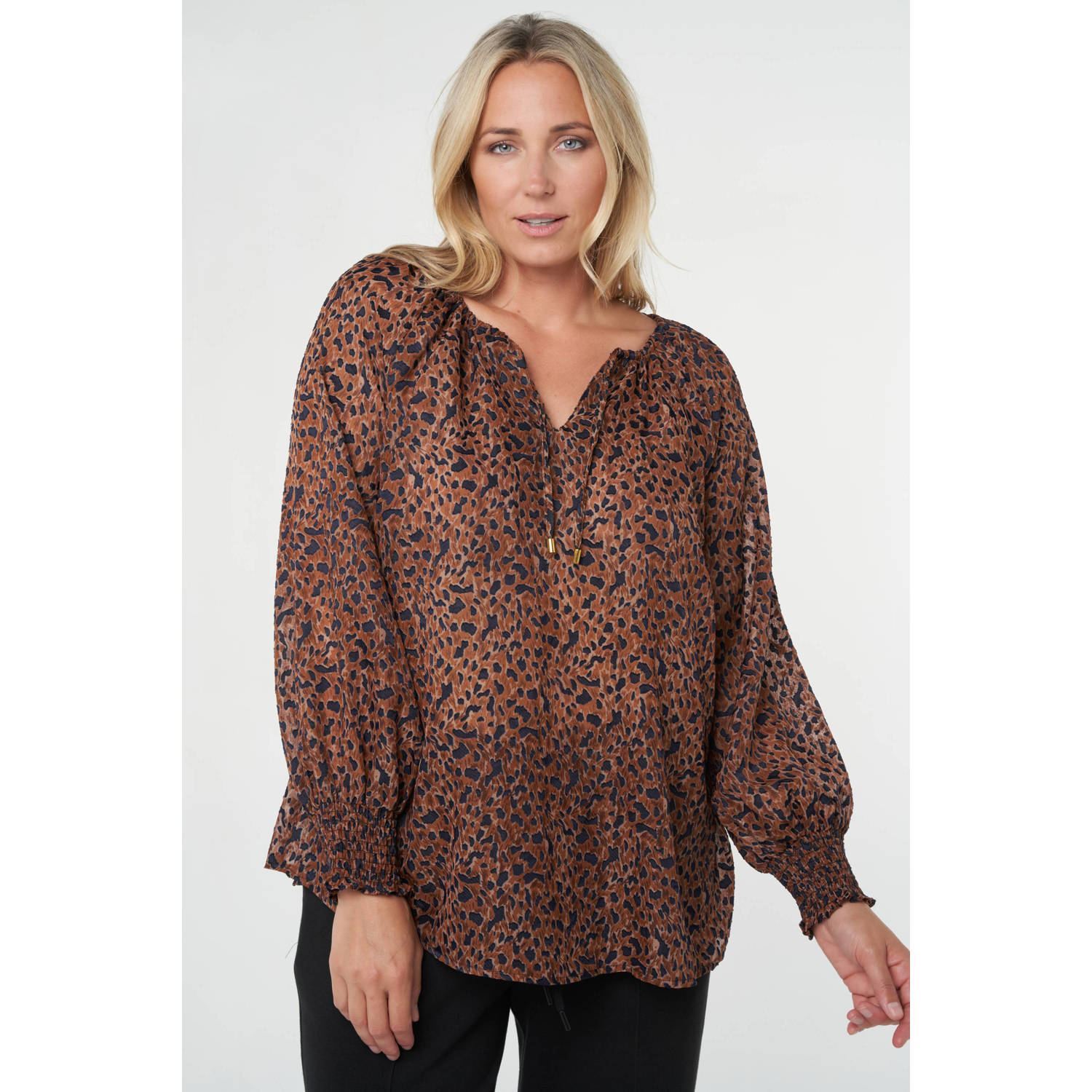 MS Mode blousetop met dierenprint bruin zwart