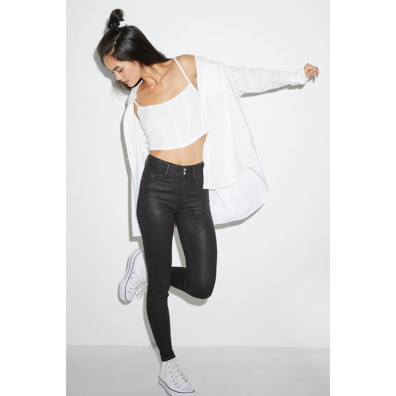 C&A Clockhouse coated skinny broek zwart