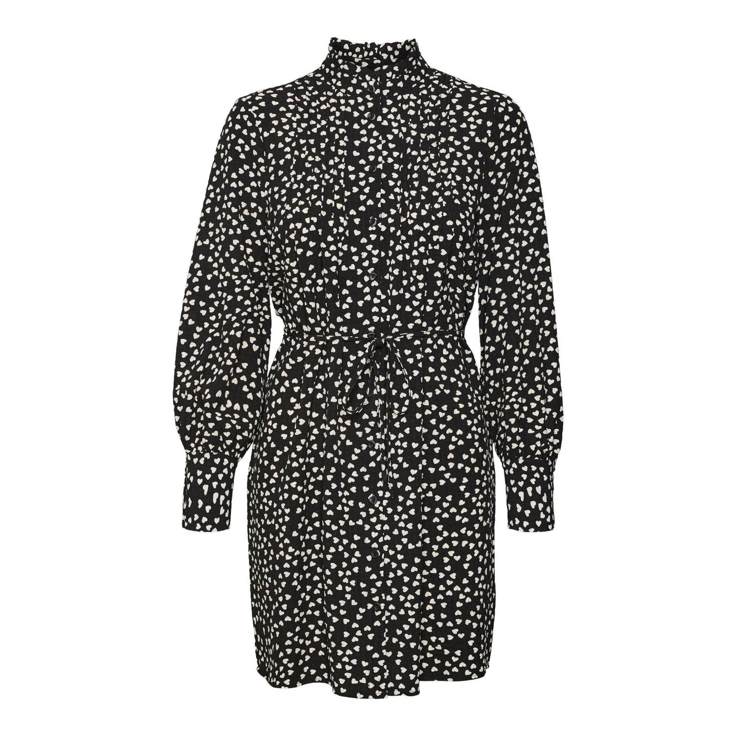 VERO MODA CURVE blousejurk met hartjes en ceintuur zwart wit