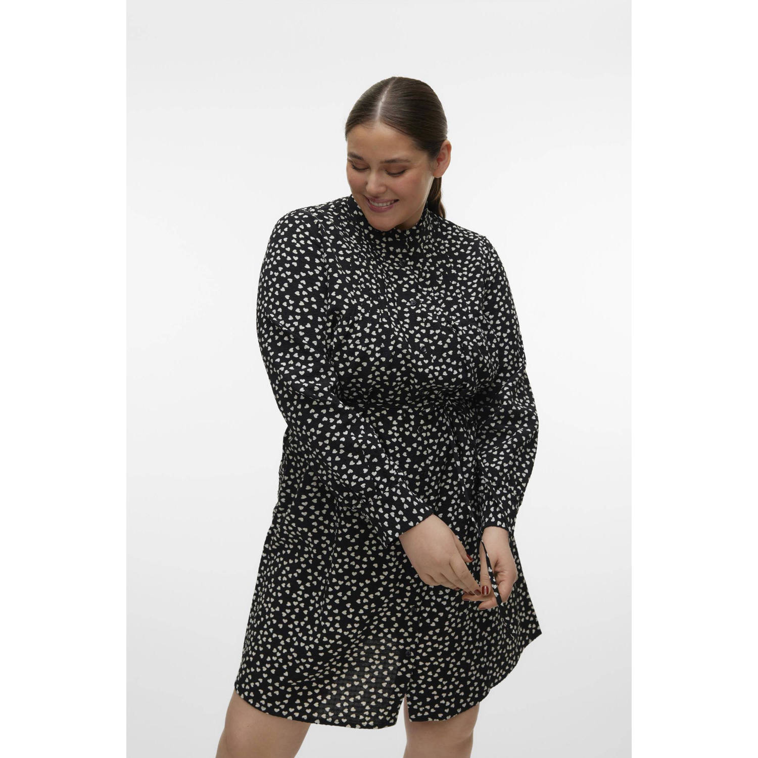 VERO MODA CURVE blousejurk met hartjes en ceintuur zwart wit