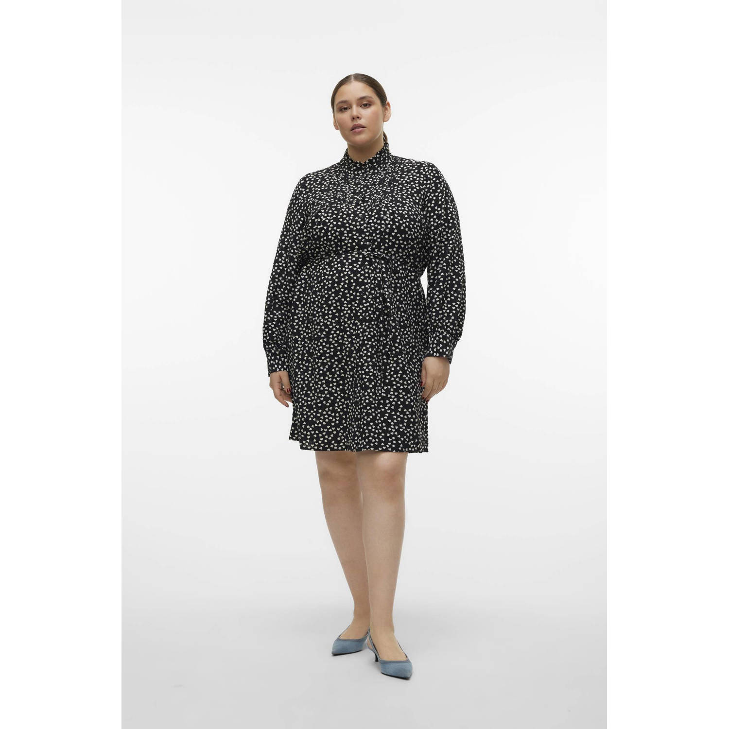 VERO MODA CURVE blousejurk met hartjes en ceintuur zwart wit