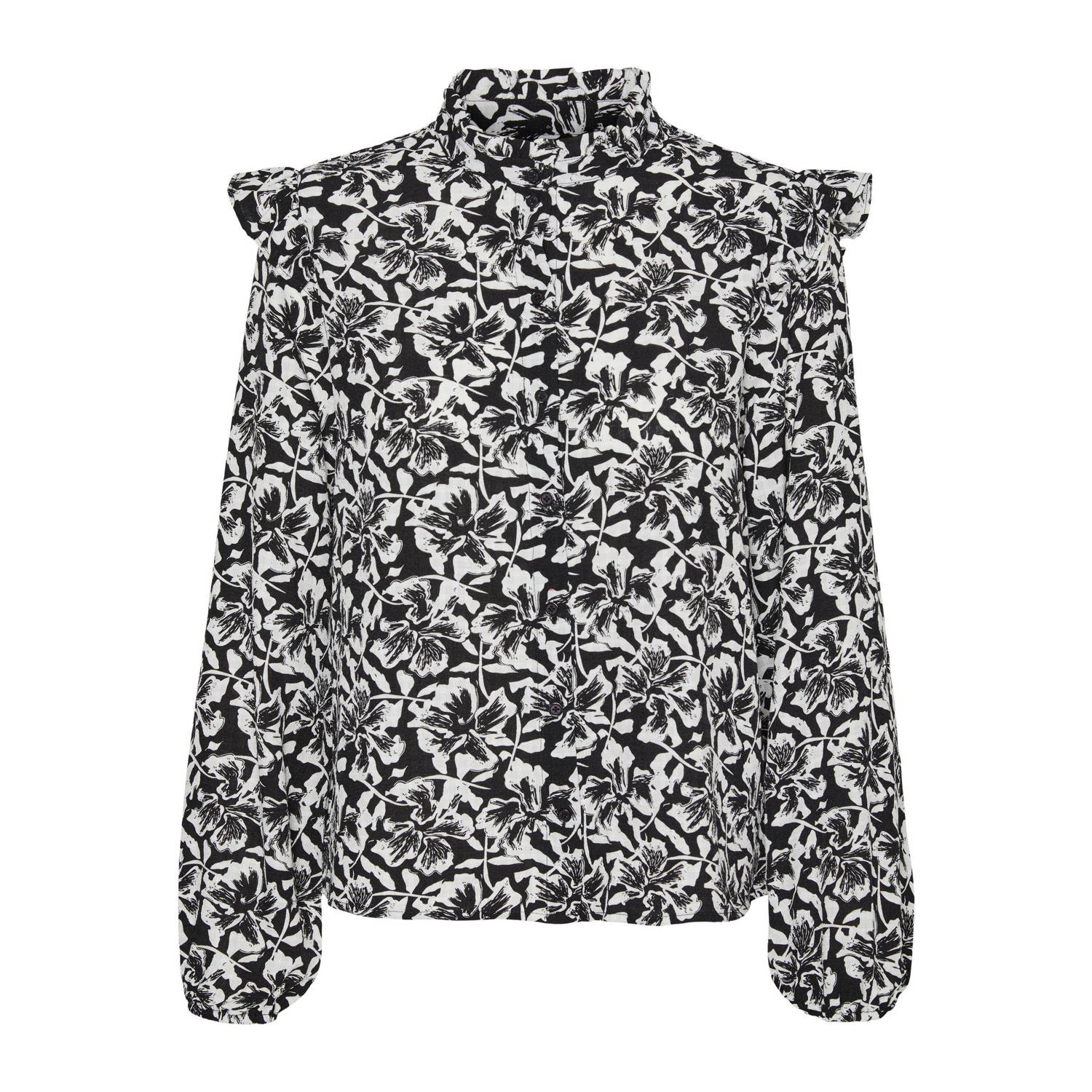 VERO MODA CURVE blouse met all over print en ruches wit zwart