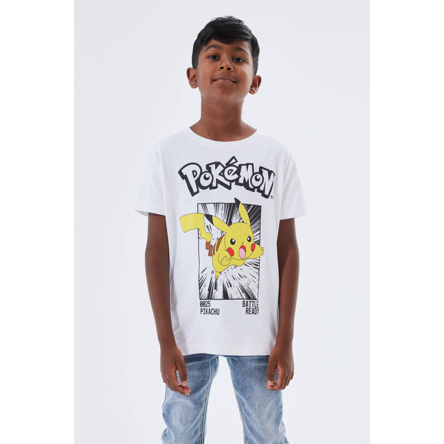 Name it KIDS T-shirt NKMNOISI met Pokemon printopdruk wit geel zwart Jongens Katoen Ronde hals 122 128