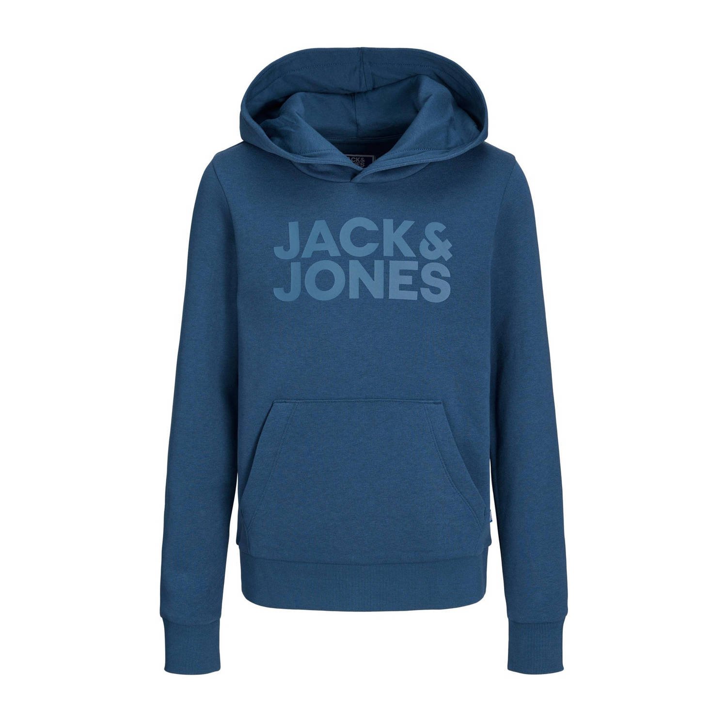 Jack & jones JUNIOR hoodie JJECORP met tekst petrol blauw Sweater Jongens Katoen Capuchon 140