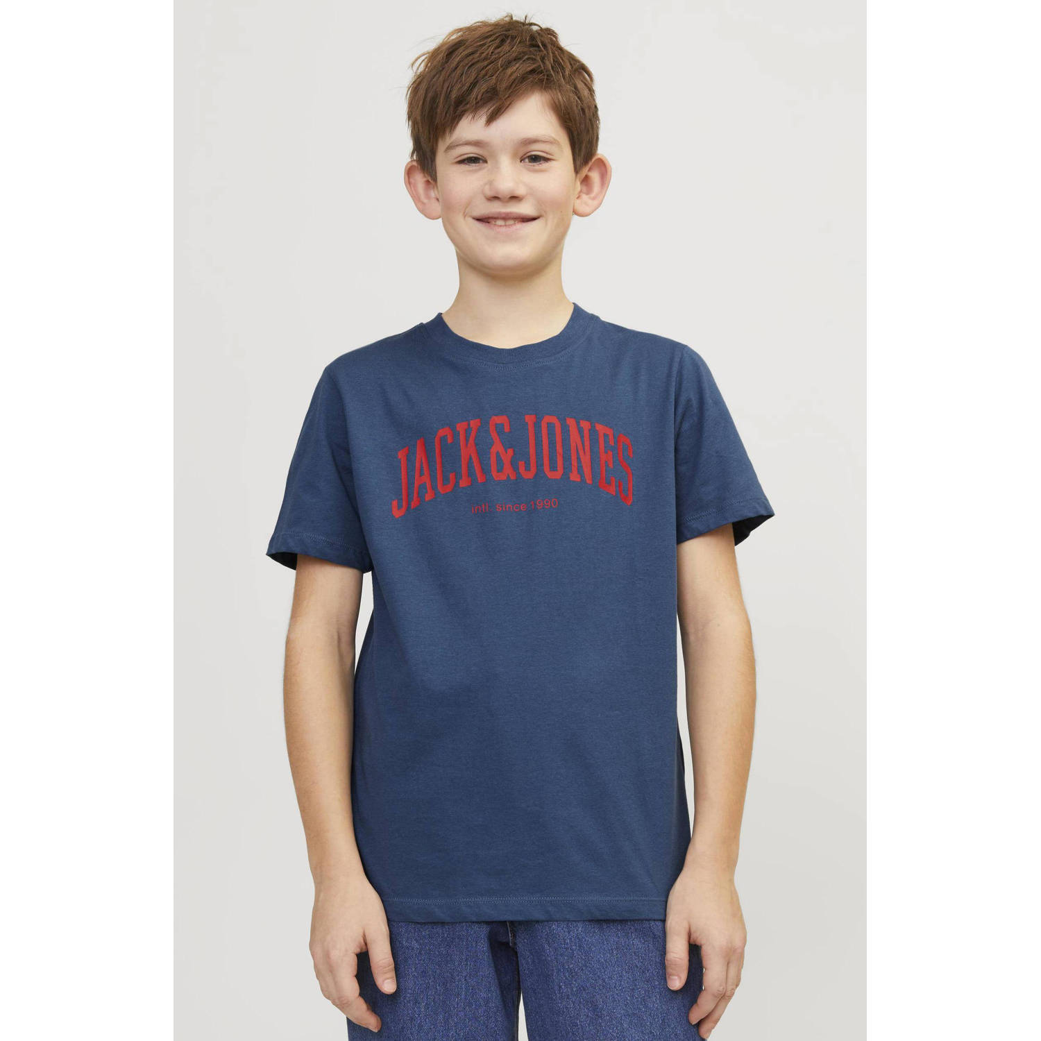 Jack & jones JUNIOR T-shirt JJEJOSH met tekst blauw Jongens Katoen Ronde hals 140