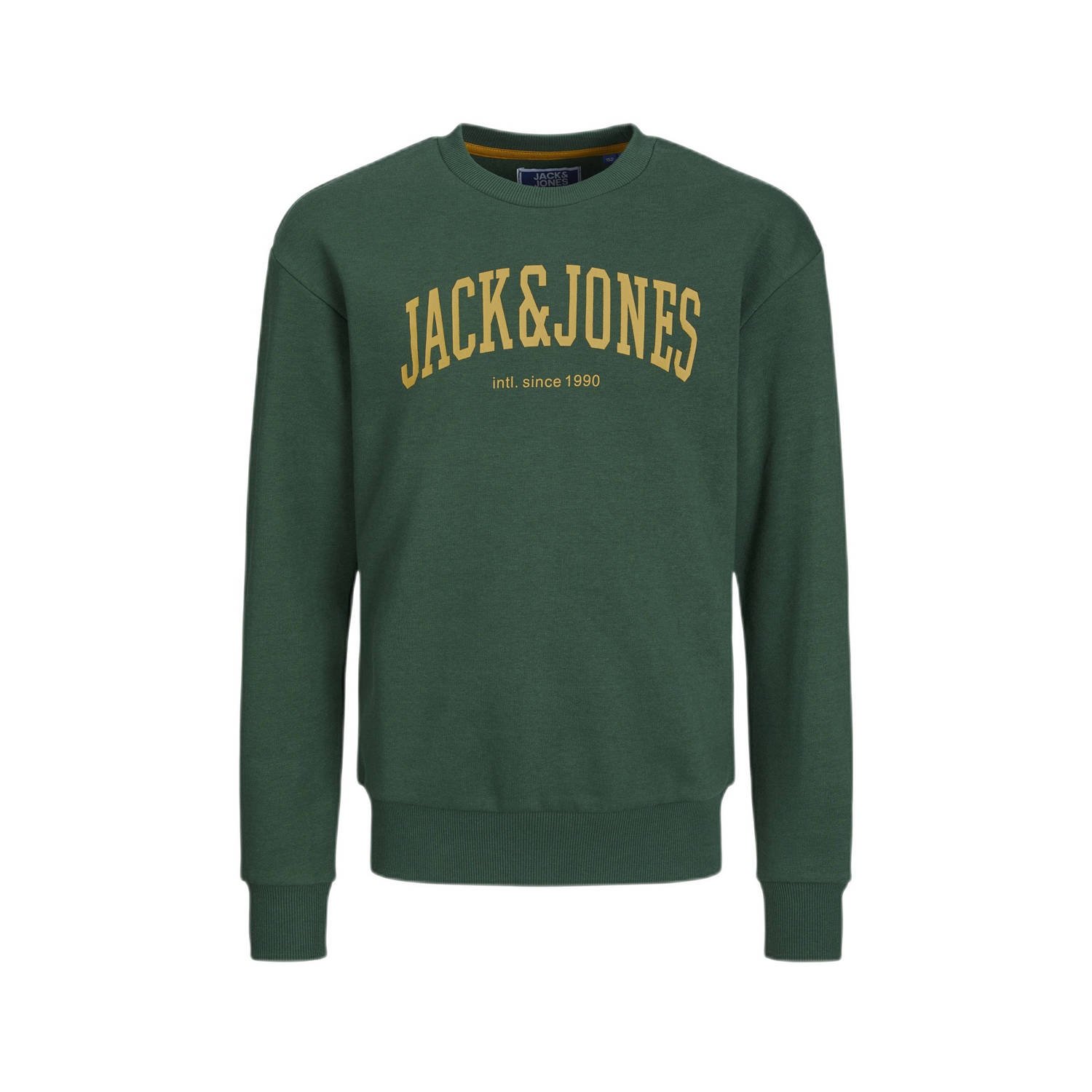 Jack & jones JUNIOR sweater JJEJOSH met tekst donkergroen geel Tekst 128