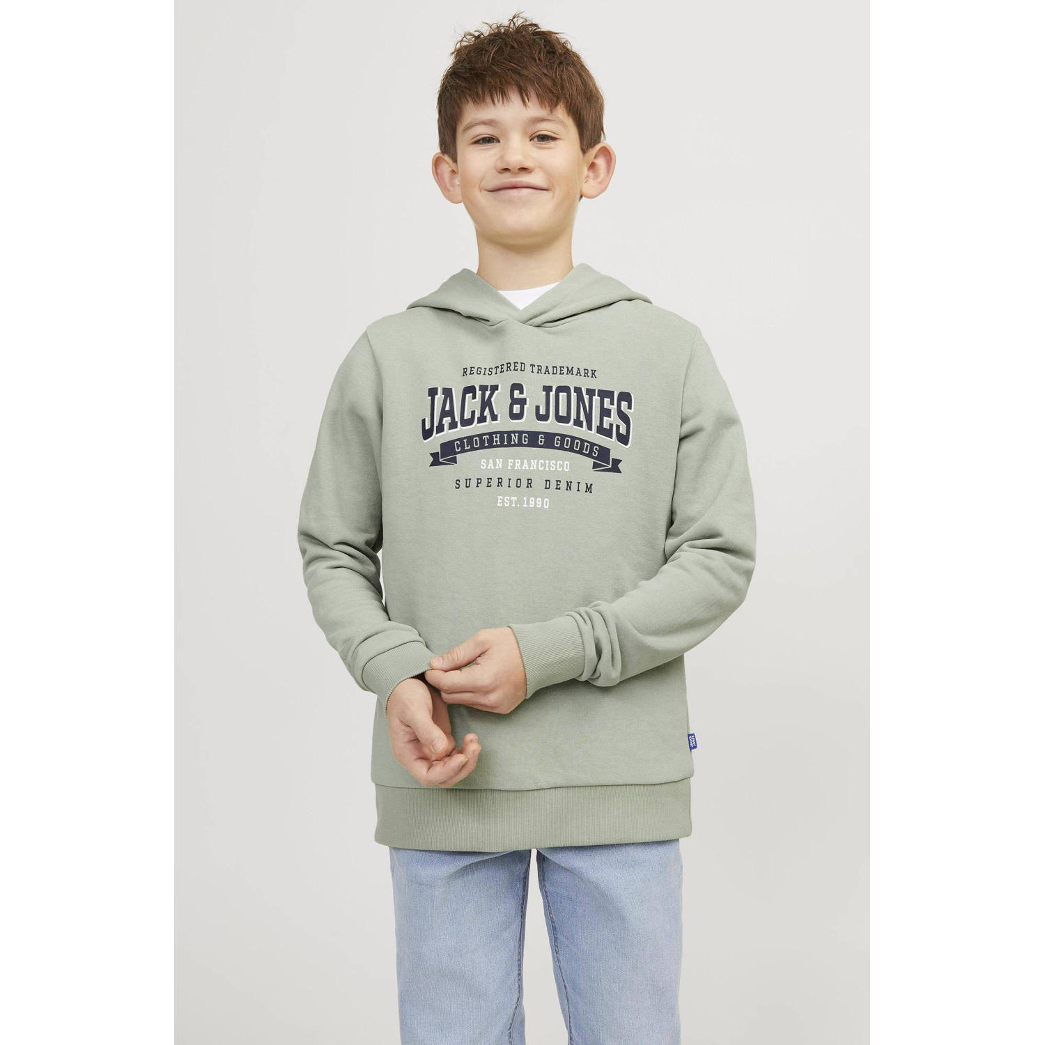 JACK & JONES JUNIOR hoodie JJELOGO met tekst pistache groen