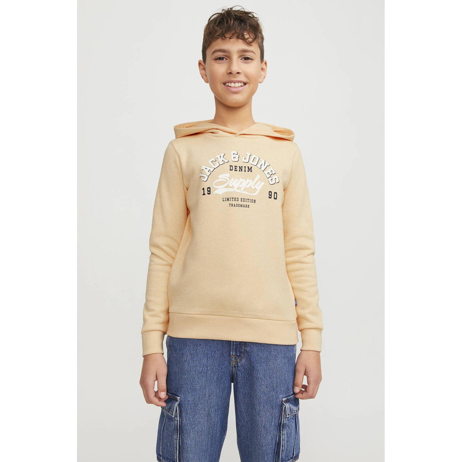 Jack & jones JUNIOR hoodie met tekst lichtoranje Sweater Tekst 164