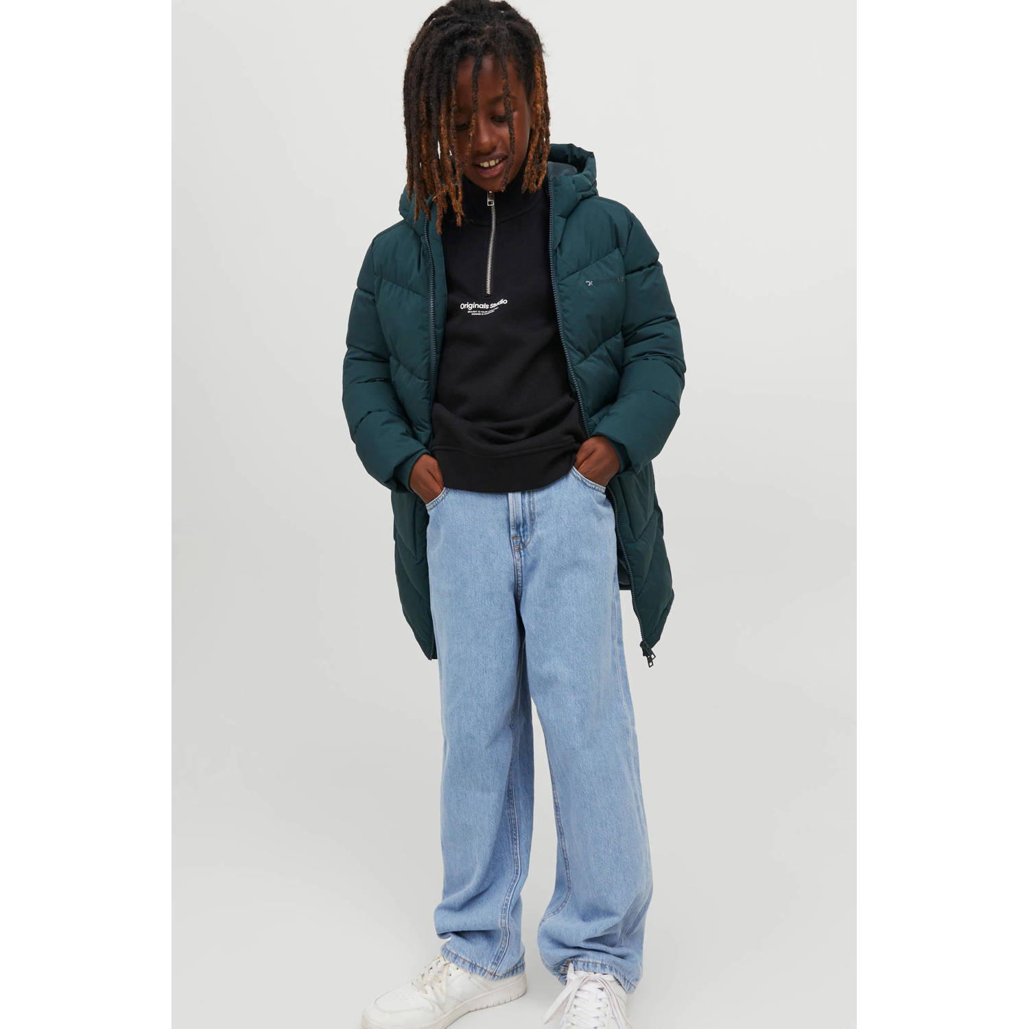 Jack & jones JUNIOR high waist loose fit jeans JJIALEX light blue denim Blauw Jongens Katoen 128