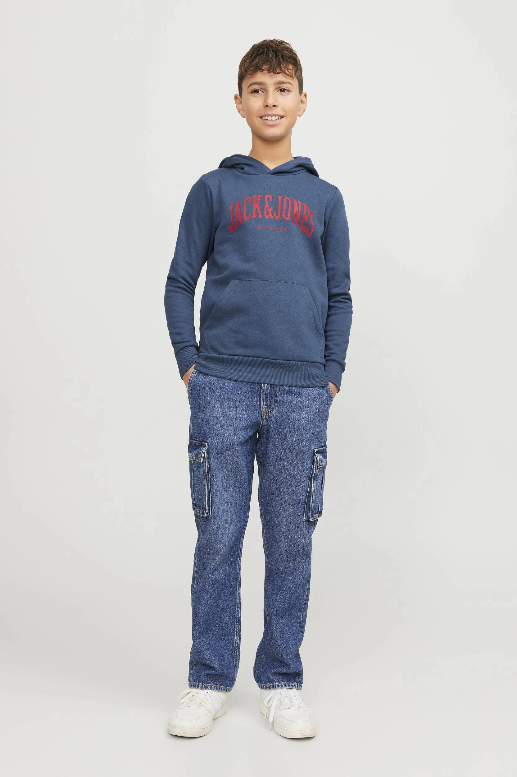JACK & JONES JUNIOR Hoodie JJEJOSH SWEAT HOOD SN JNR Met Tekst Blauw Rood Blauw 5715507809227