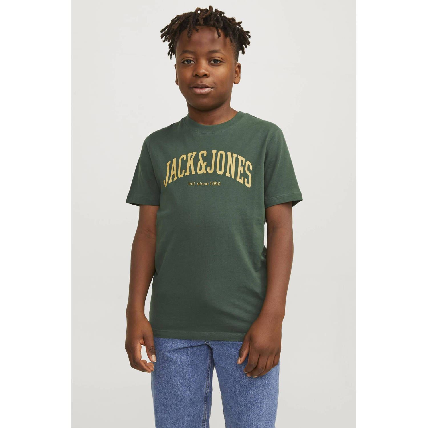 Jack & jones JUNIOR T-shirt JJEJOSH met tekst donkergroen Jongens Katoen Ronde hals 128