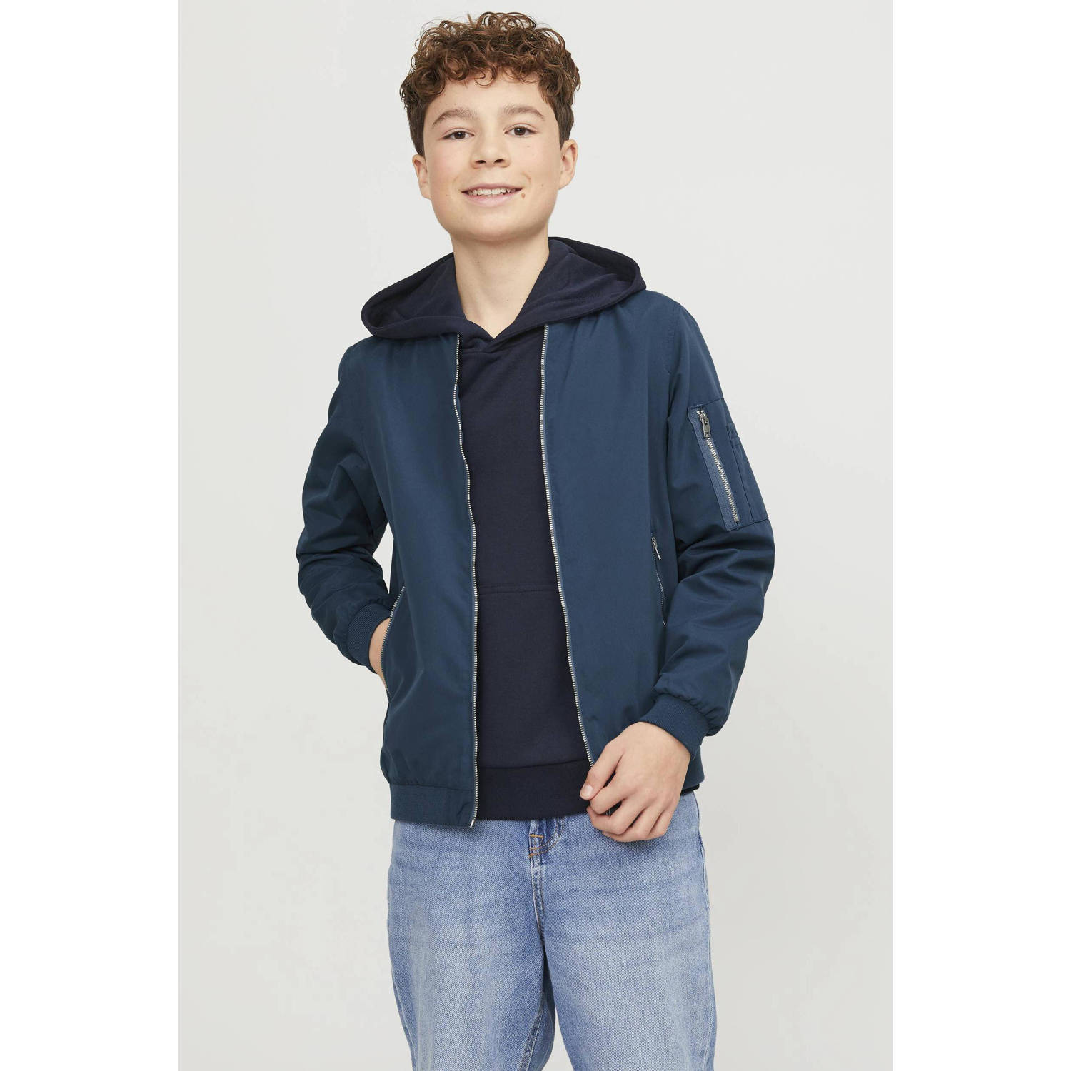 Jack & jones JUNIOR bomberjack zomer JJERUSH petrol blauw Jas Jongens Polyester Opstaande kraag 128