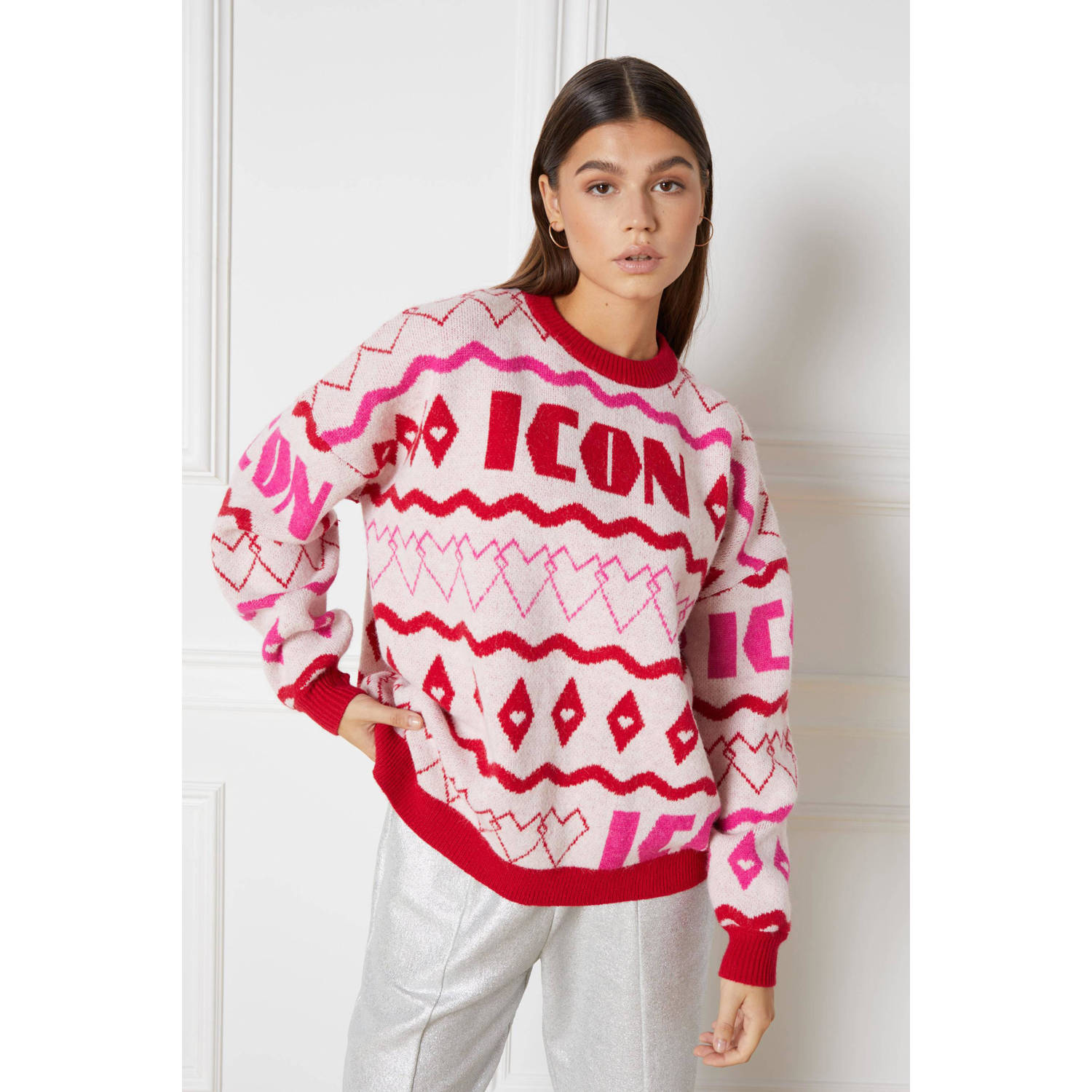 Refined Department sweater met all over print rood roze