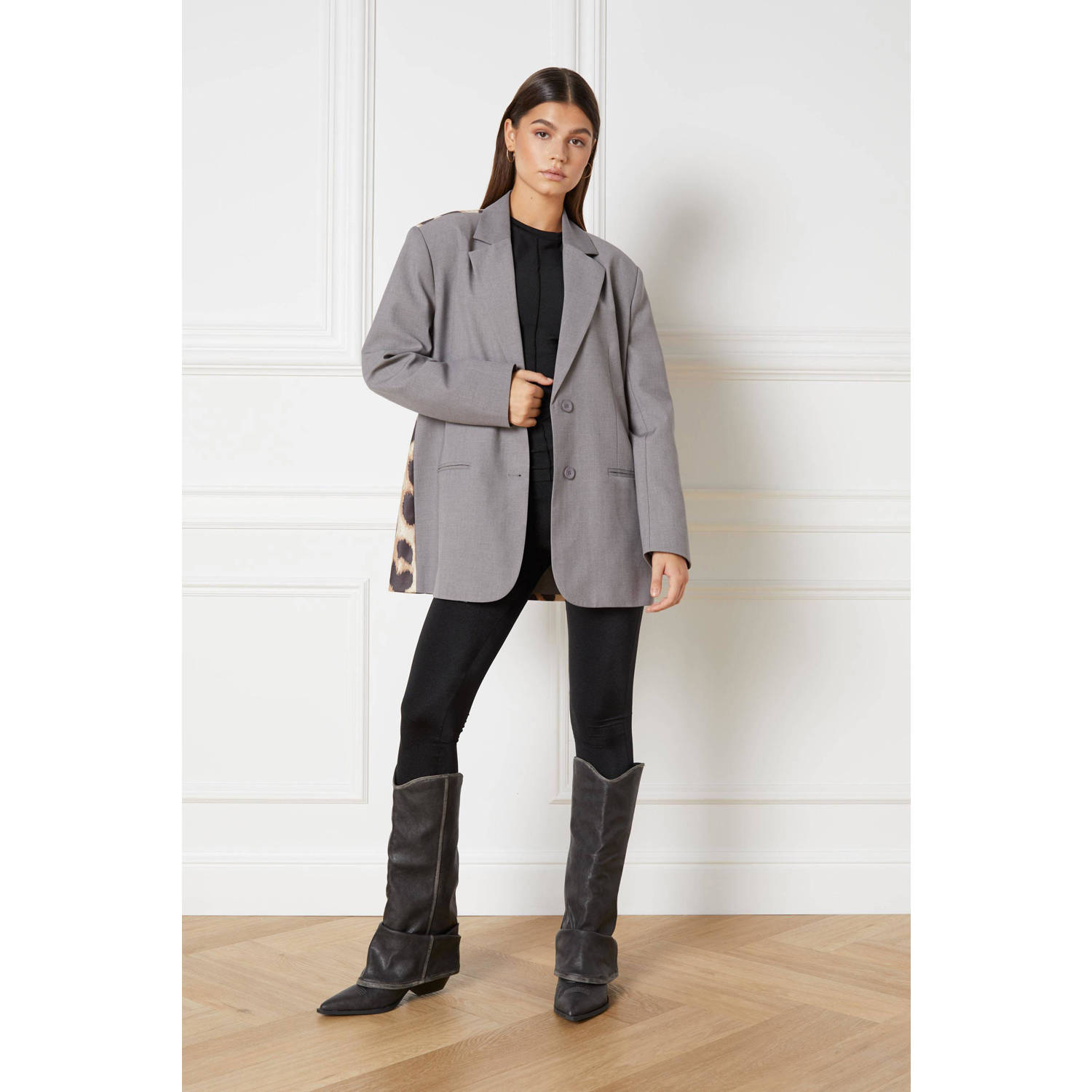 Refined Department oversized blazer met panterprint grijs
