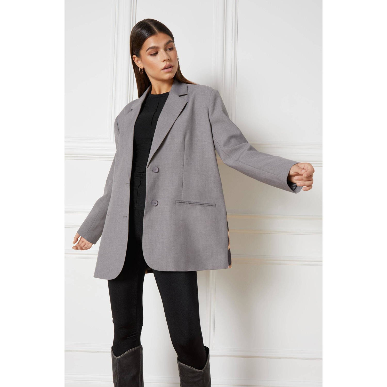 Refined Department oversized blazer met panterprint grijs