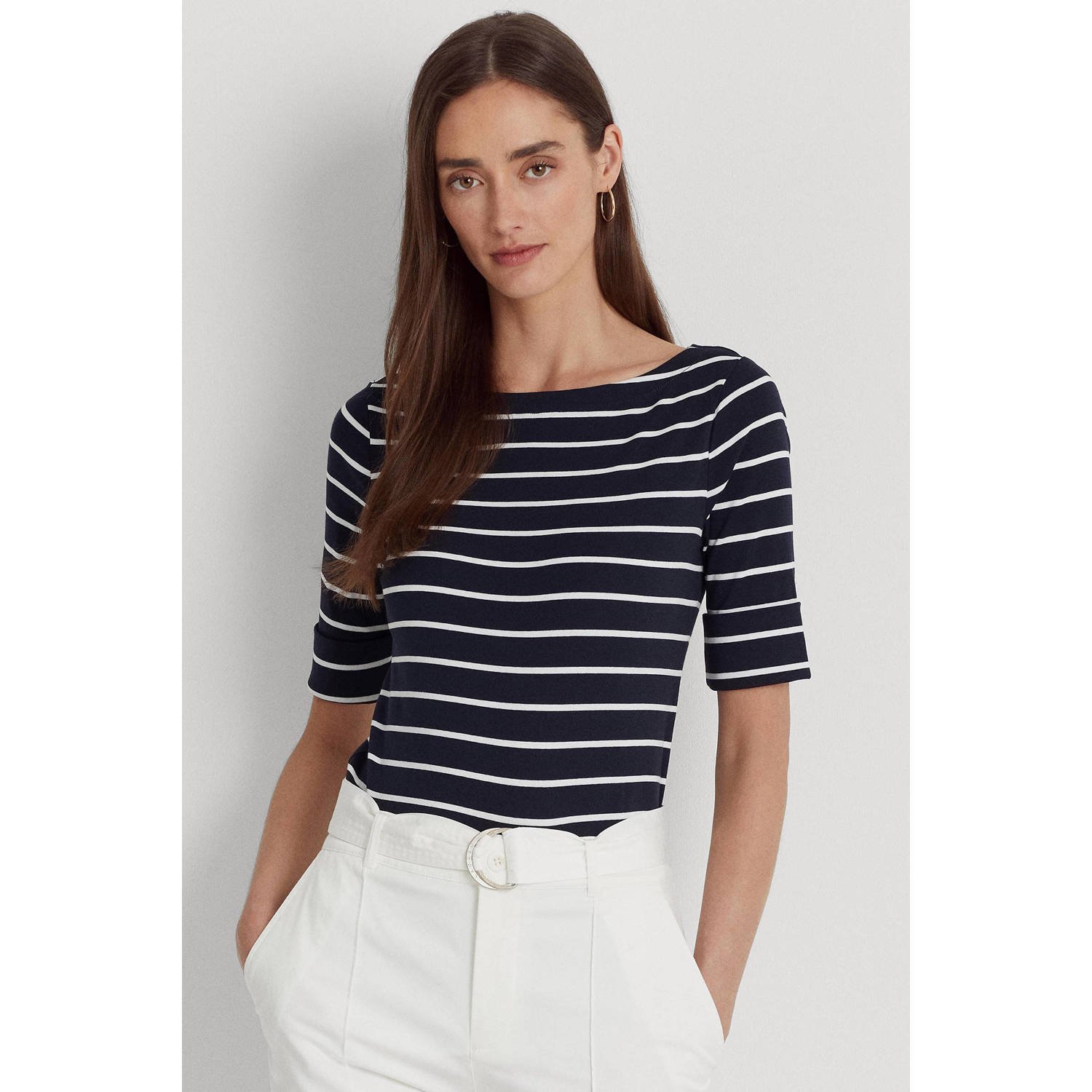 Ralph Lauren Navy Blauw Gestreept Boothals T-Shirt Blue Dames