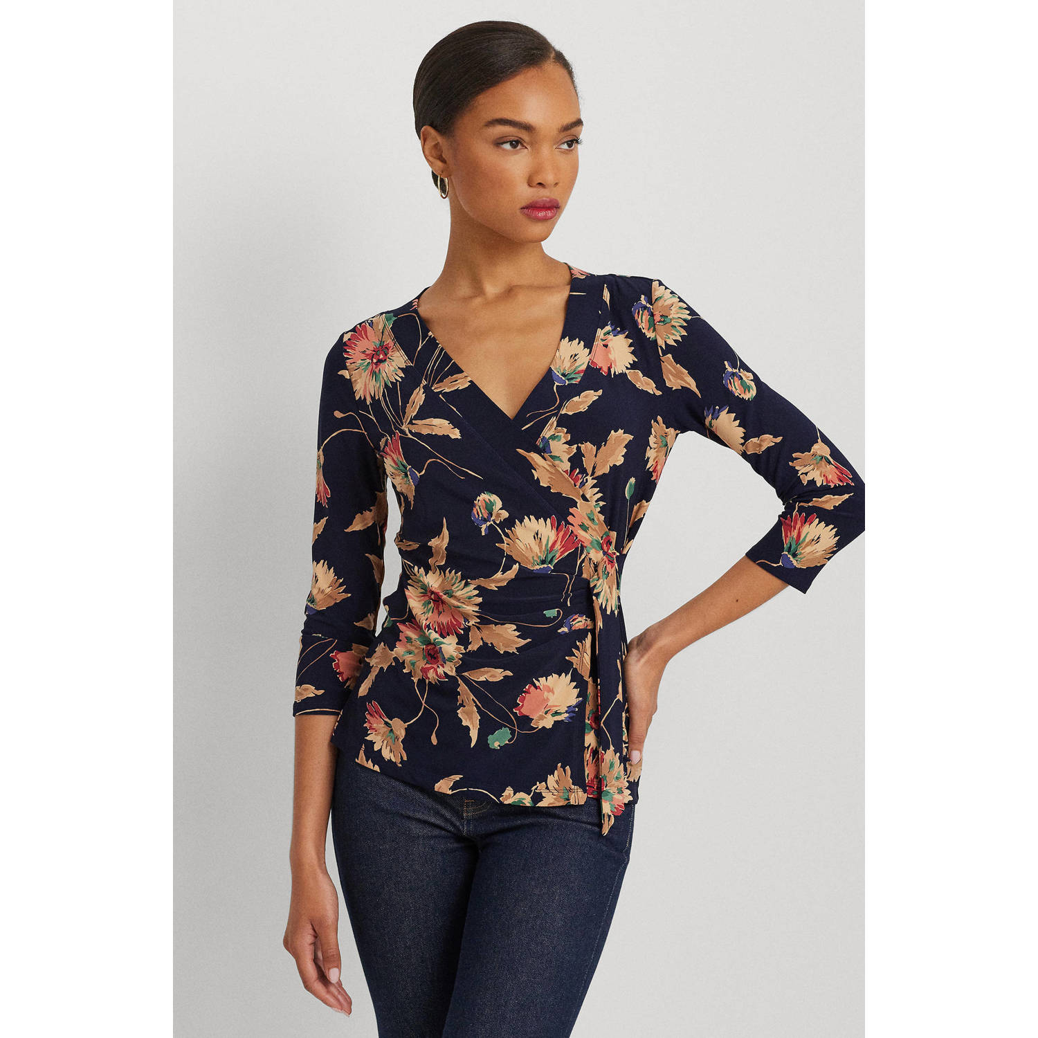Lauren Ralph Lauren gebloemde overslag top donkerblauw